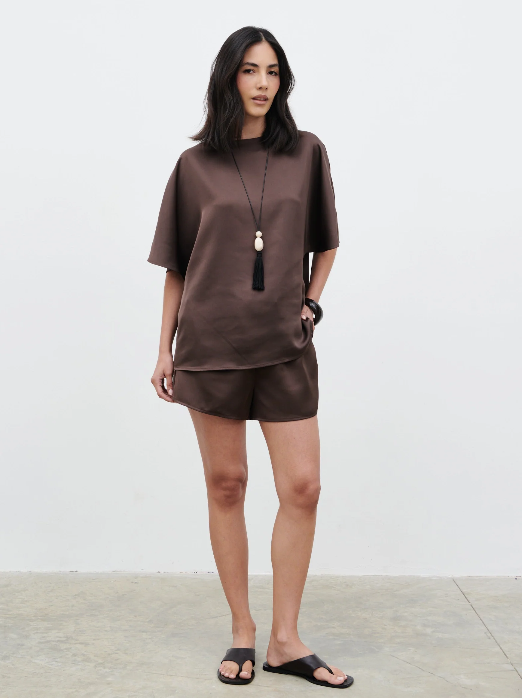 Breya Boxy Satin T-Shirt - Chocolate Brown - Image 5