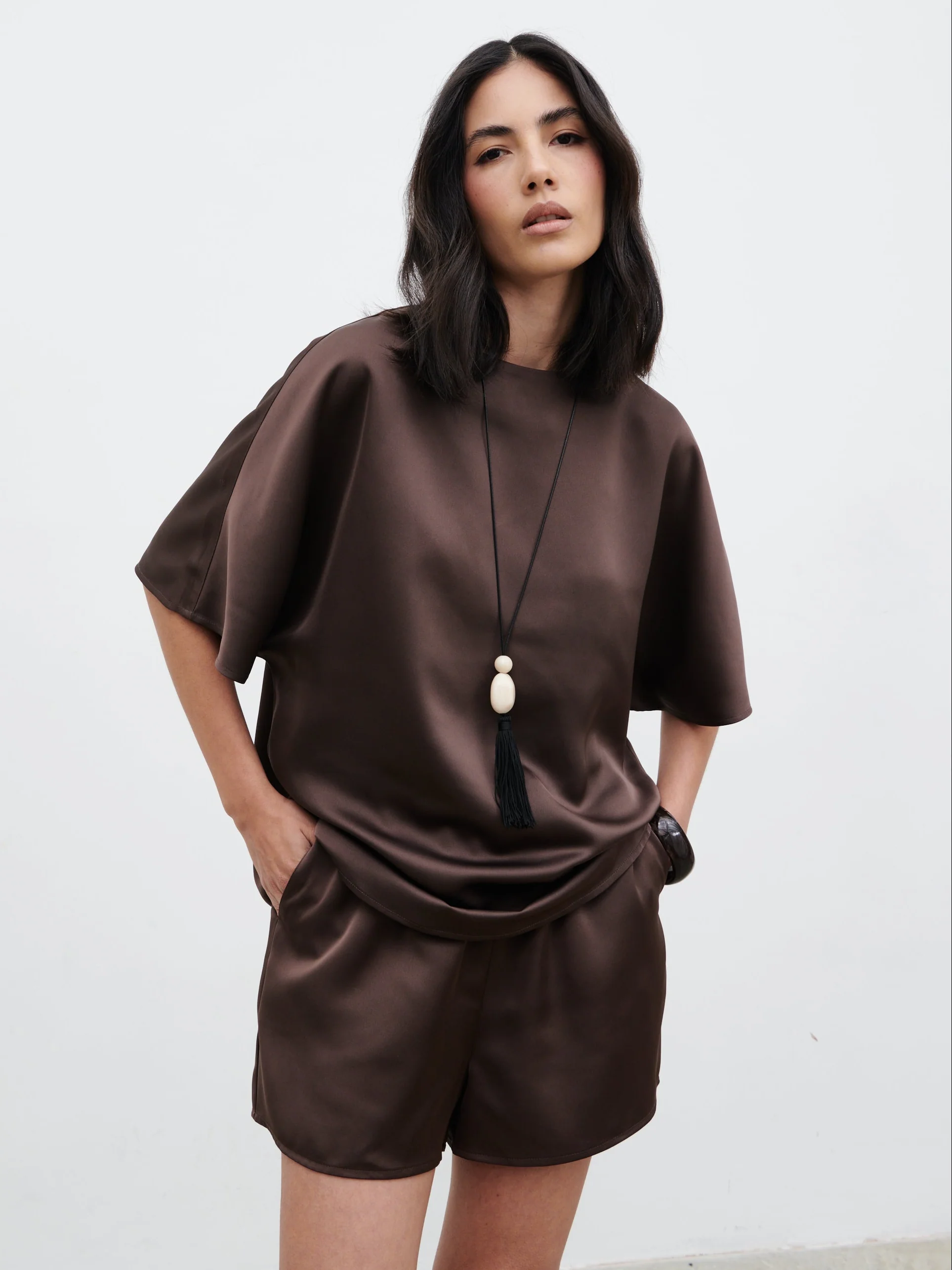 Breya Boxy Satin T-Shirt - Chocolate Brown - Image 6