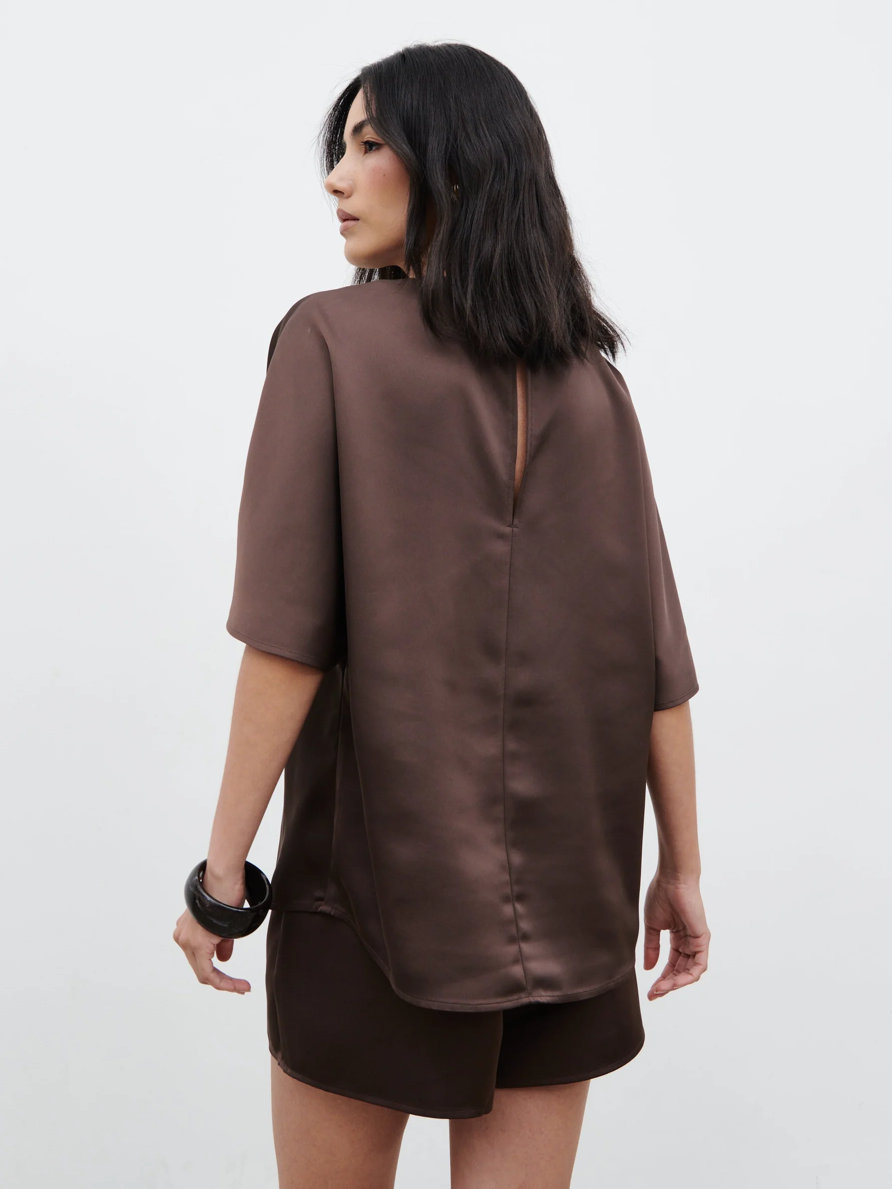 Breya Boxy Satin T-Shirt - Chocolate Brown - Image 7