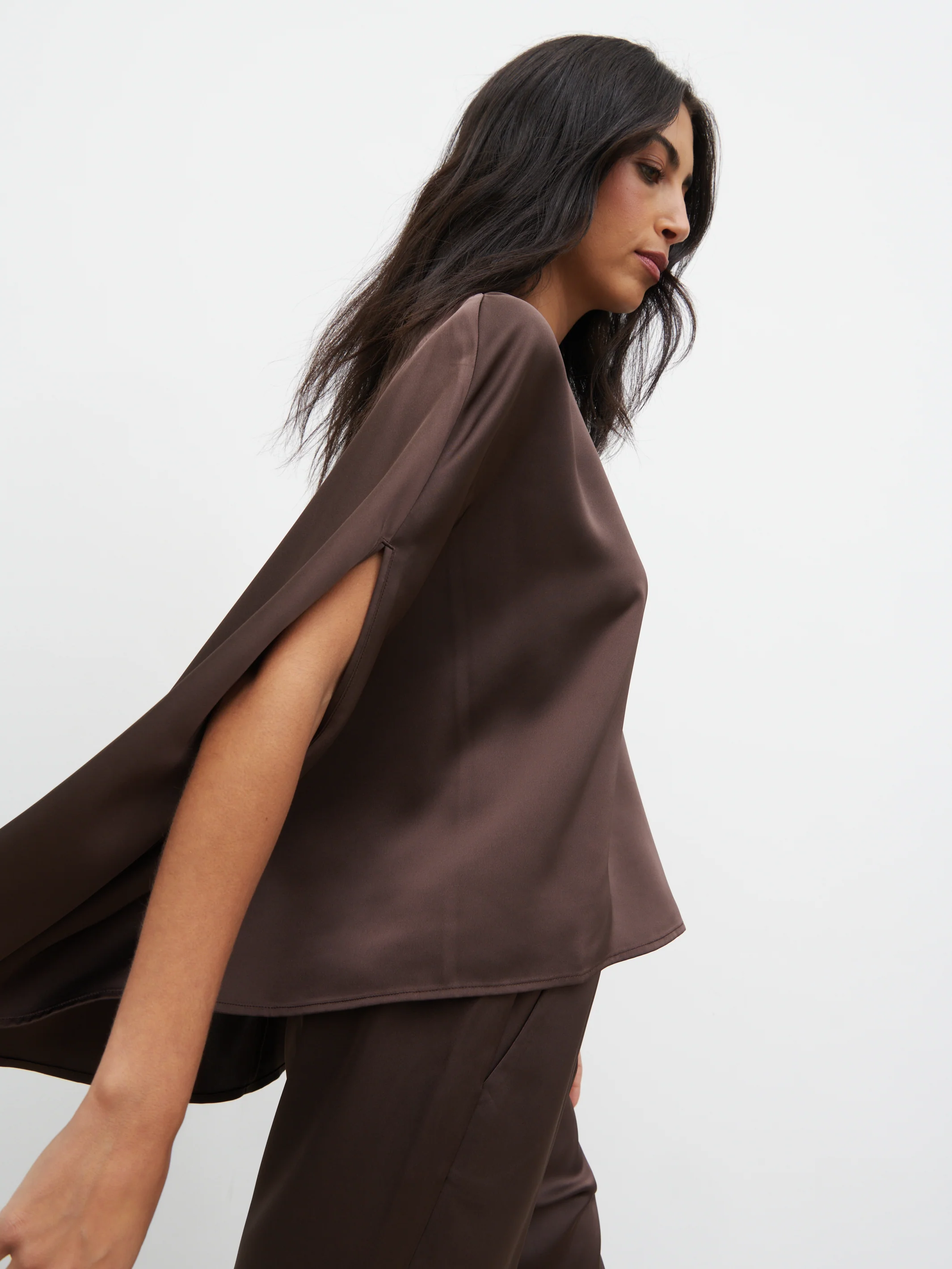 Breya Cape Floaty Satin Top - Chocolate Brown - Image 3