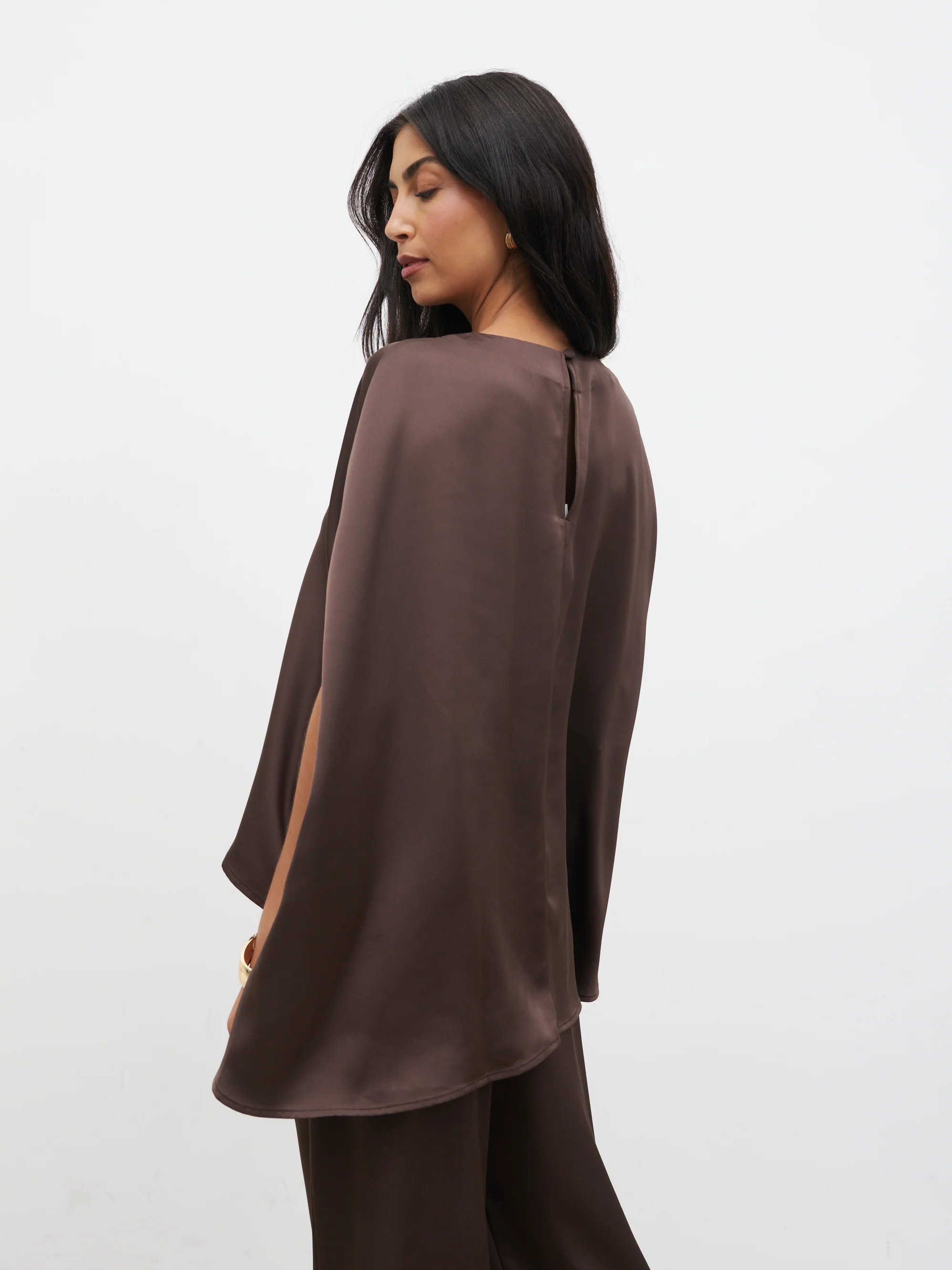 Breya Cape Floaty Satin Top - Chocolate Brown - Image 4