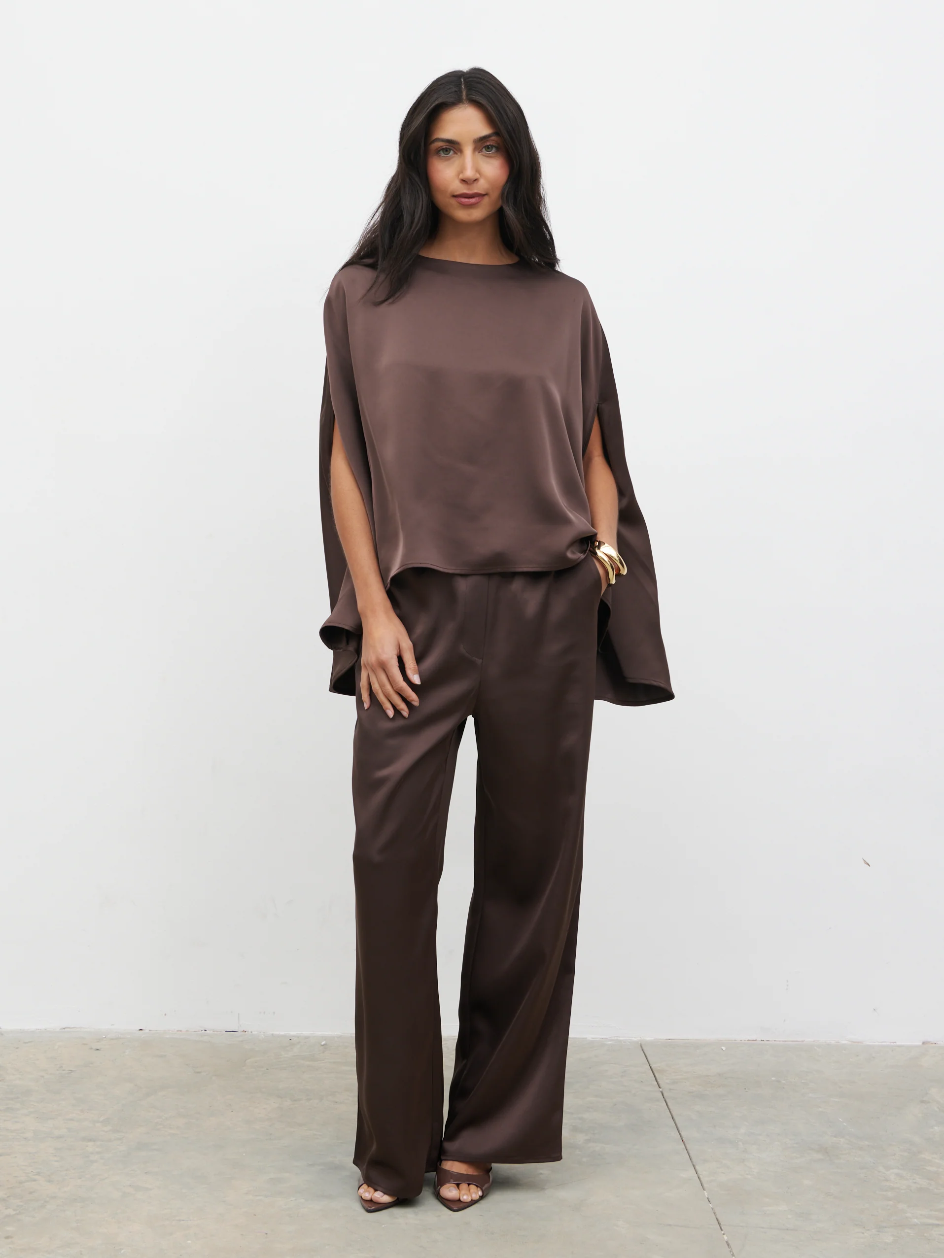 Breya Cape Floaty Satin Top - Chocolate Brown - Image 5