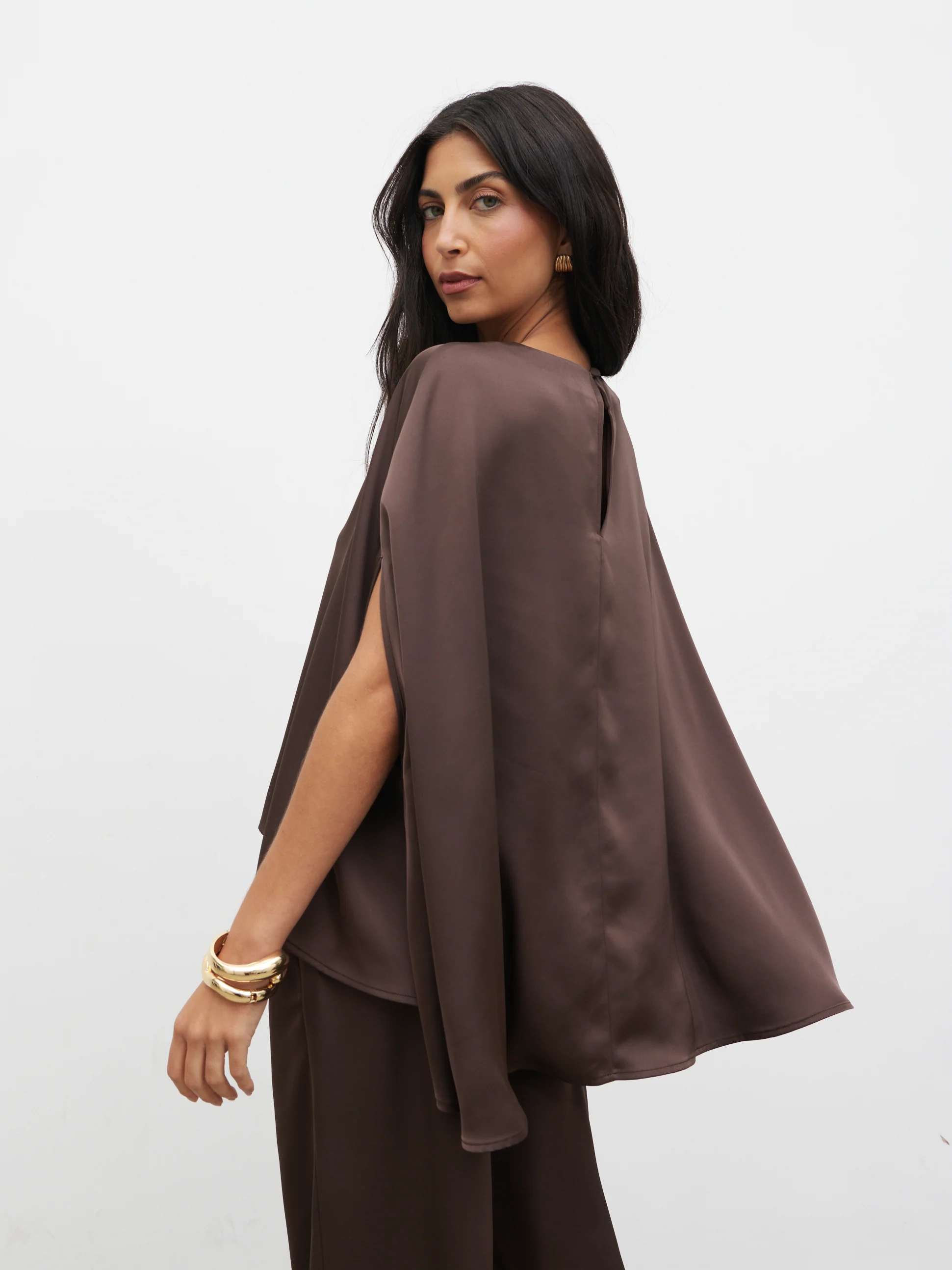 Breya Cape Floaty Satin Top - Chocolate Brown - Image 6
