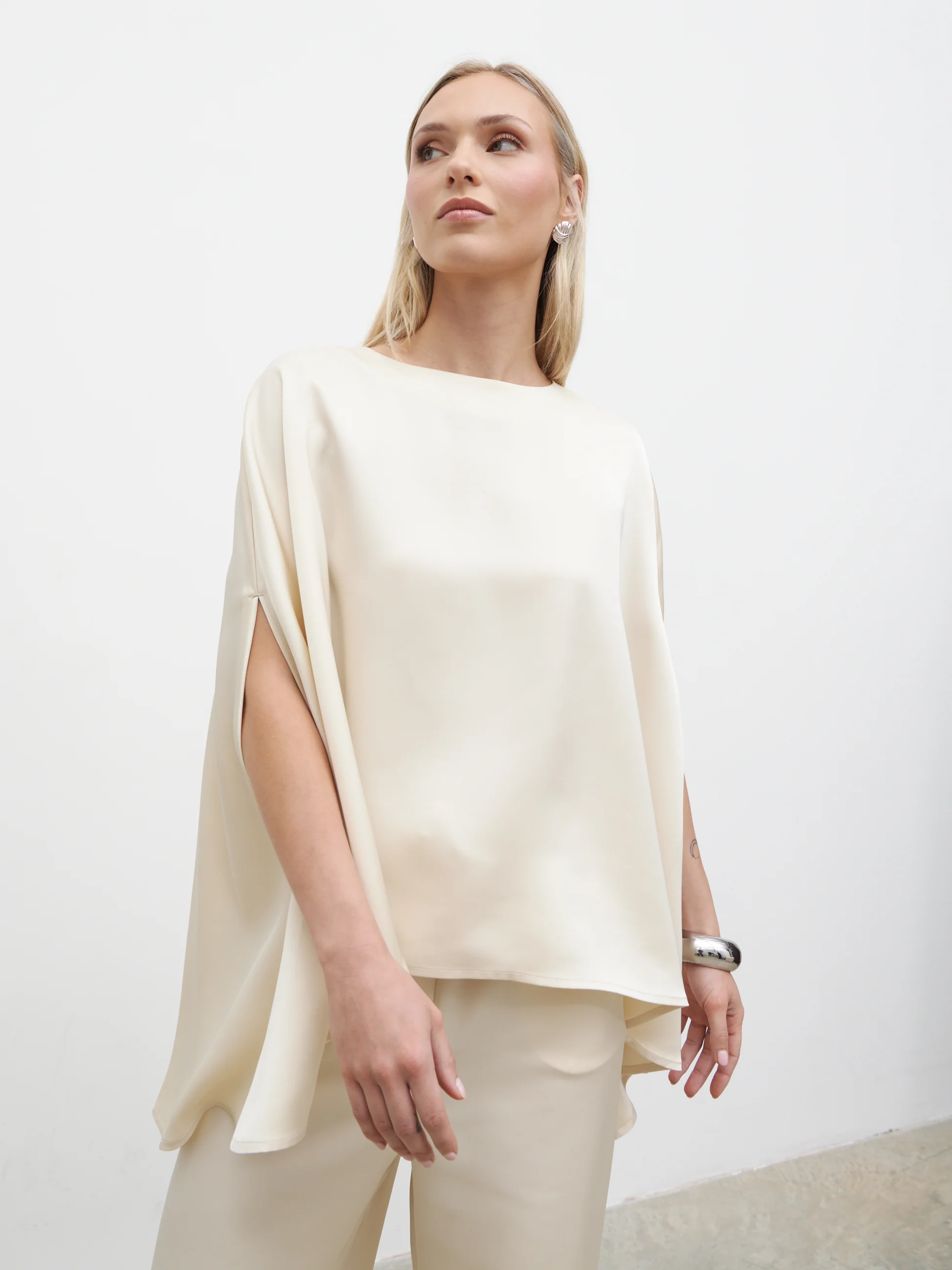 Breya Cape Floaty Satin Top - Oyster - Image 5