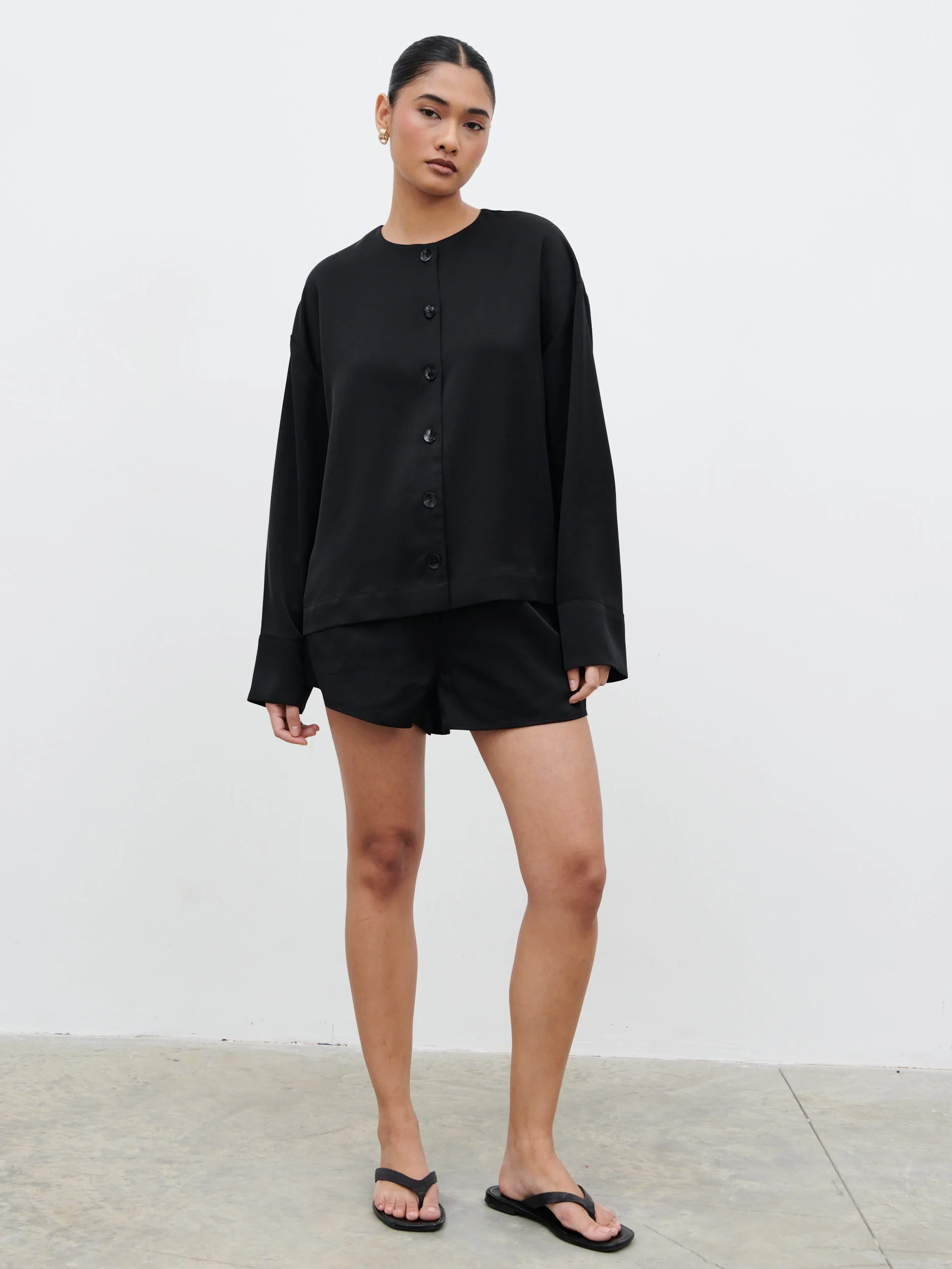 Breya Satin Drawstring Shorts - Black - Image 2
