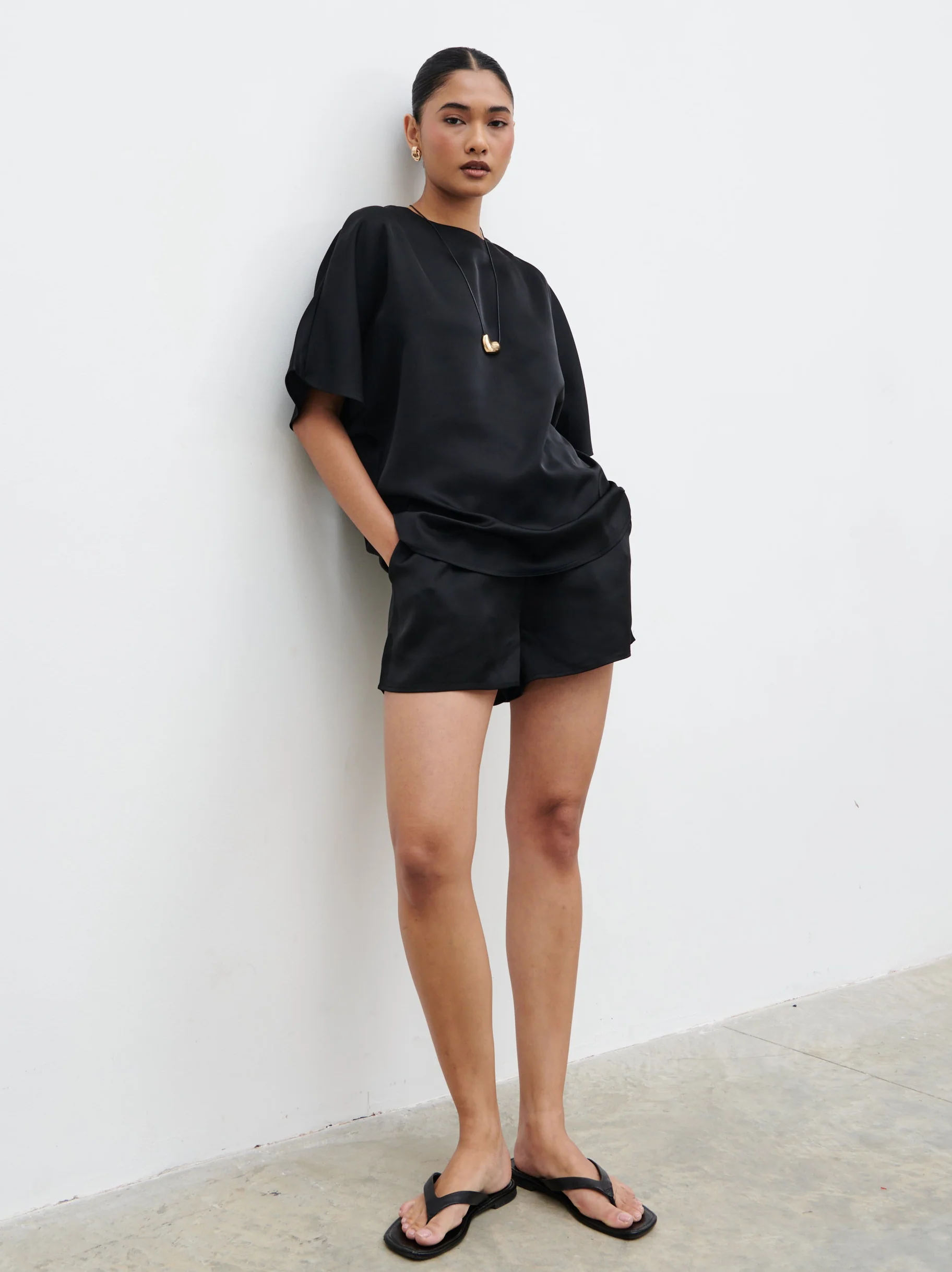 Breya Satin Drawstring Shorts - Black - Image 4