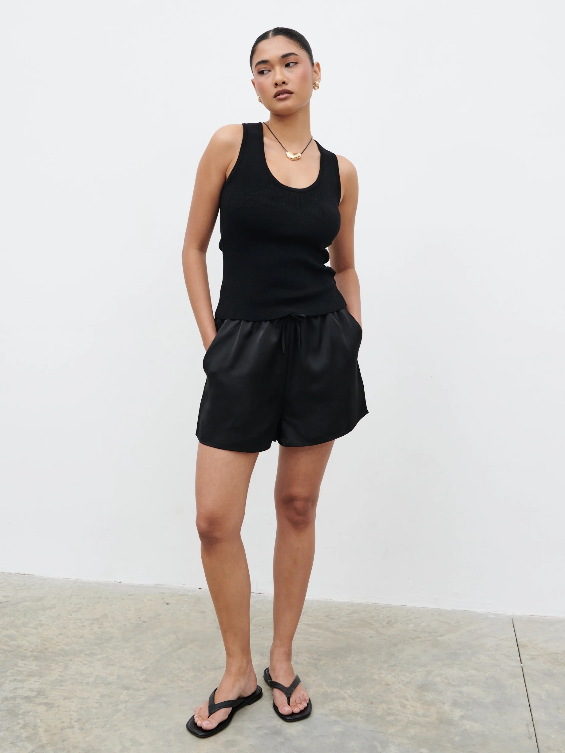 Breya Satin Drawstring Shorts - Black - Image 6