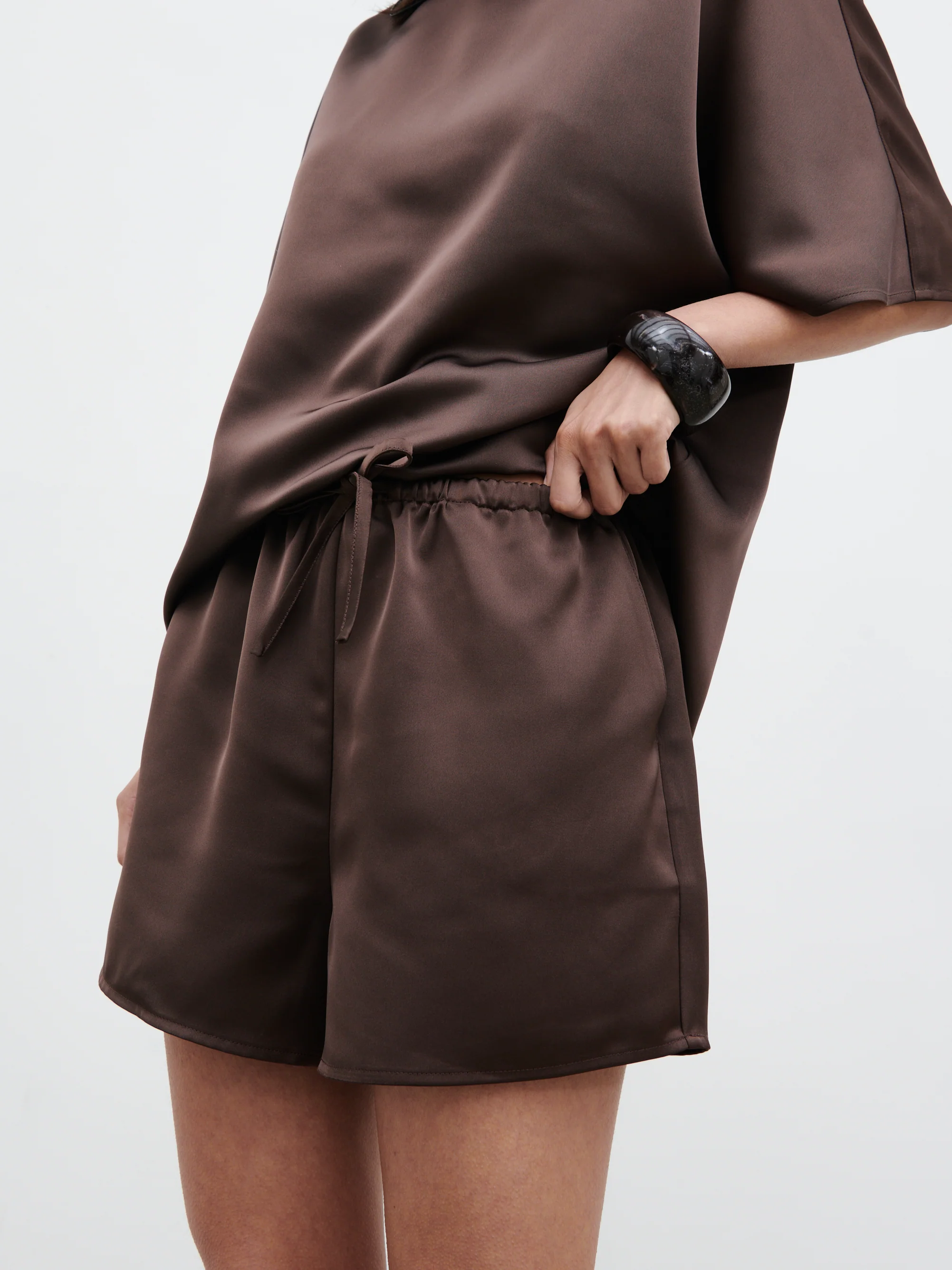 Breya Satin Drawstring Shorts - Chocolate Brown - Image 2