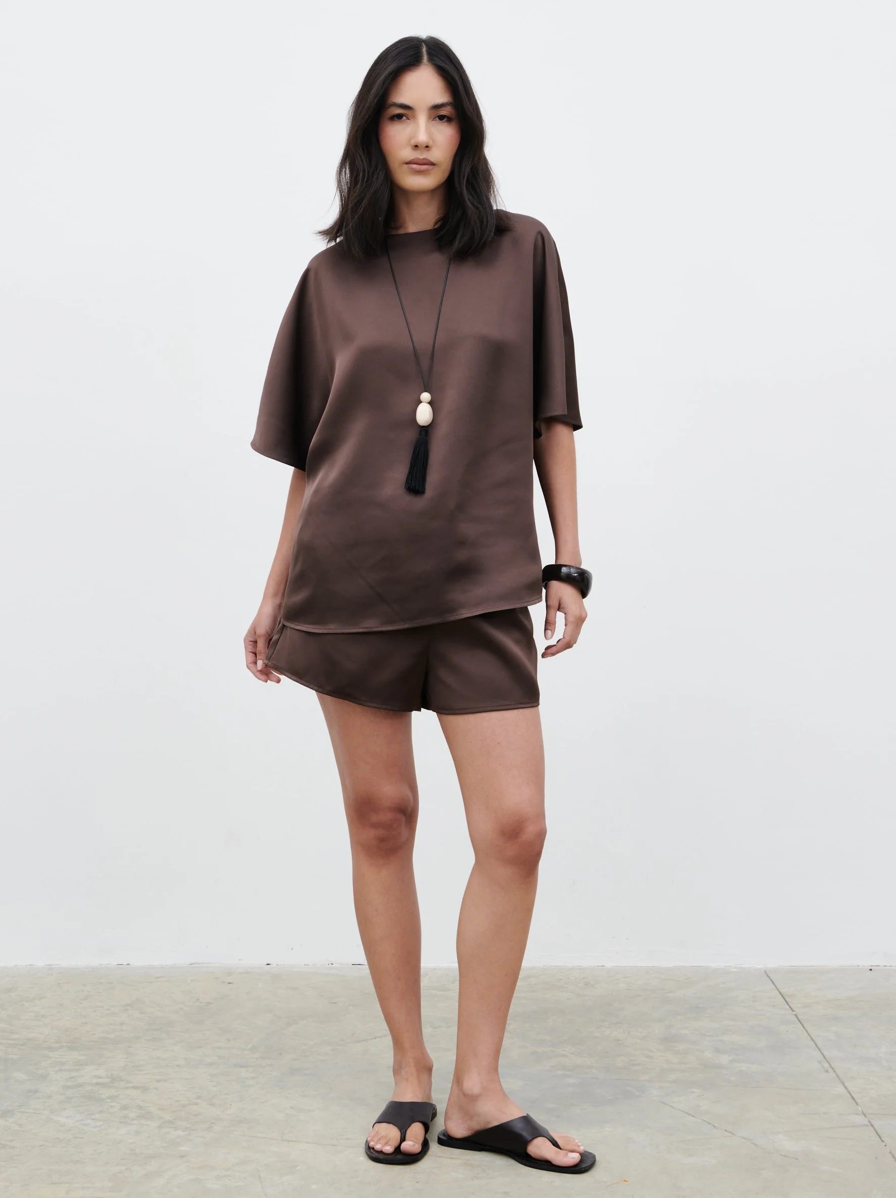 Breya Satin Drawstring Shorts - Chocolate Brown - Image 4