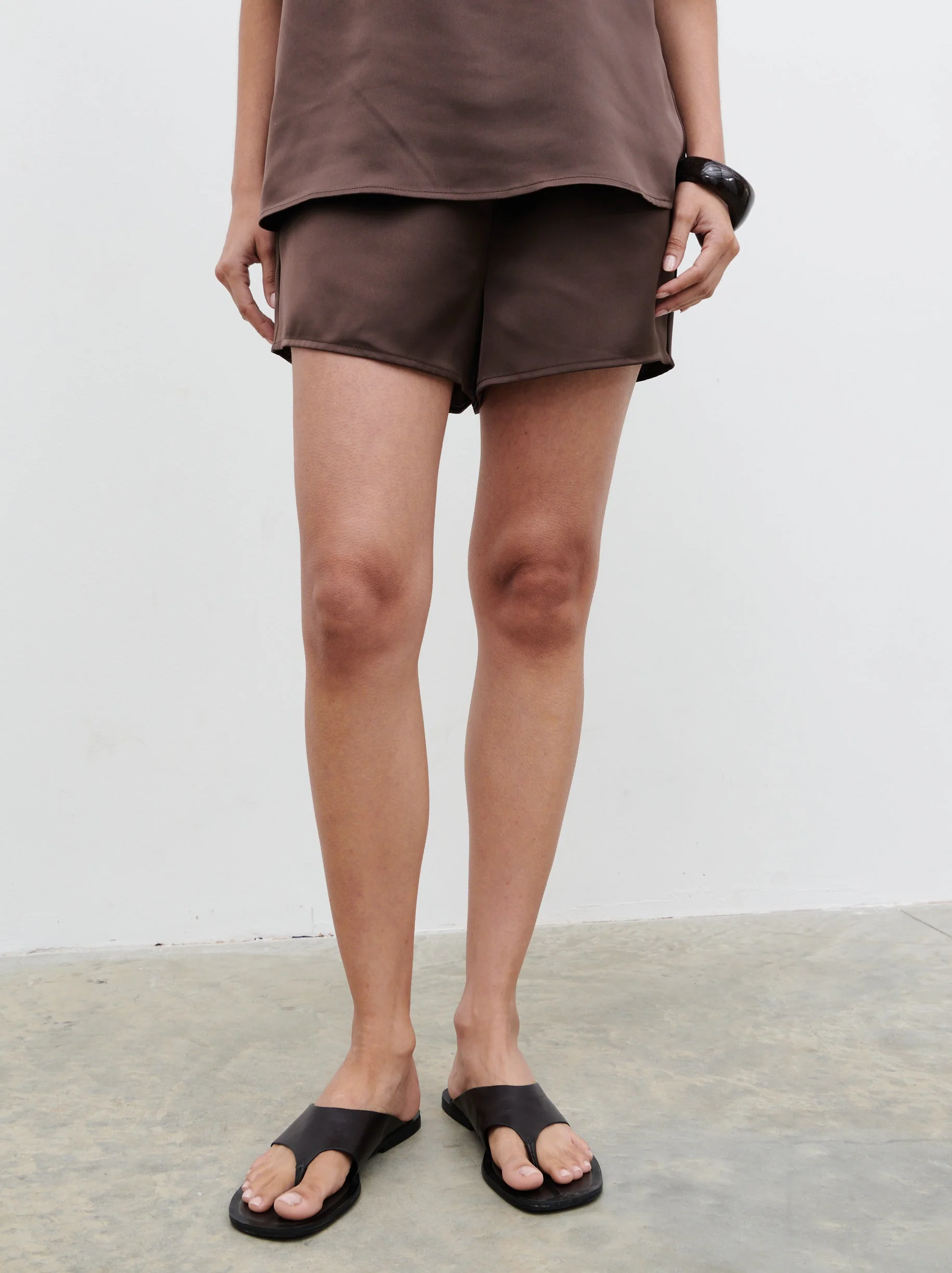 Breya Satin Drawstring Shorts - Chocolate Brown - Image 5