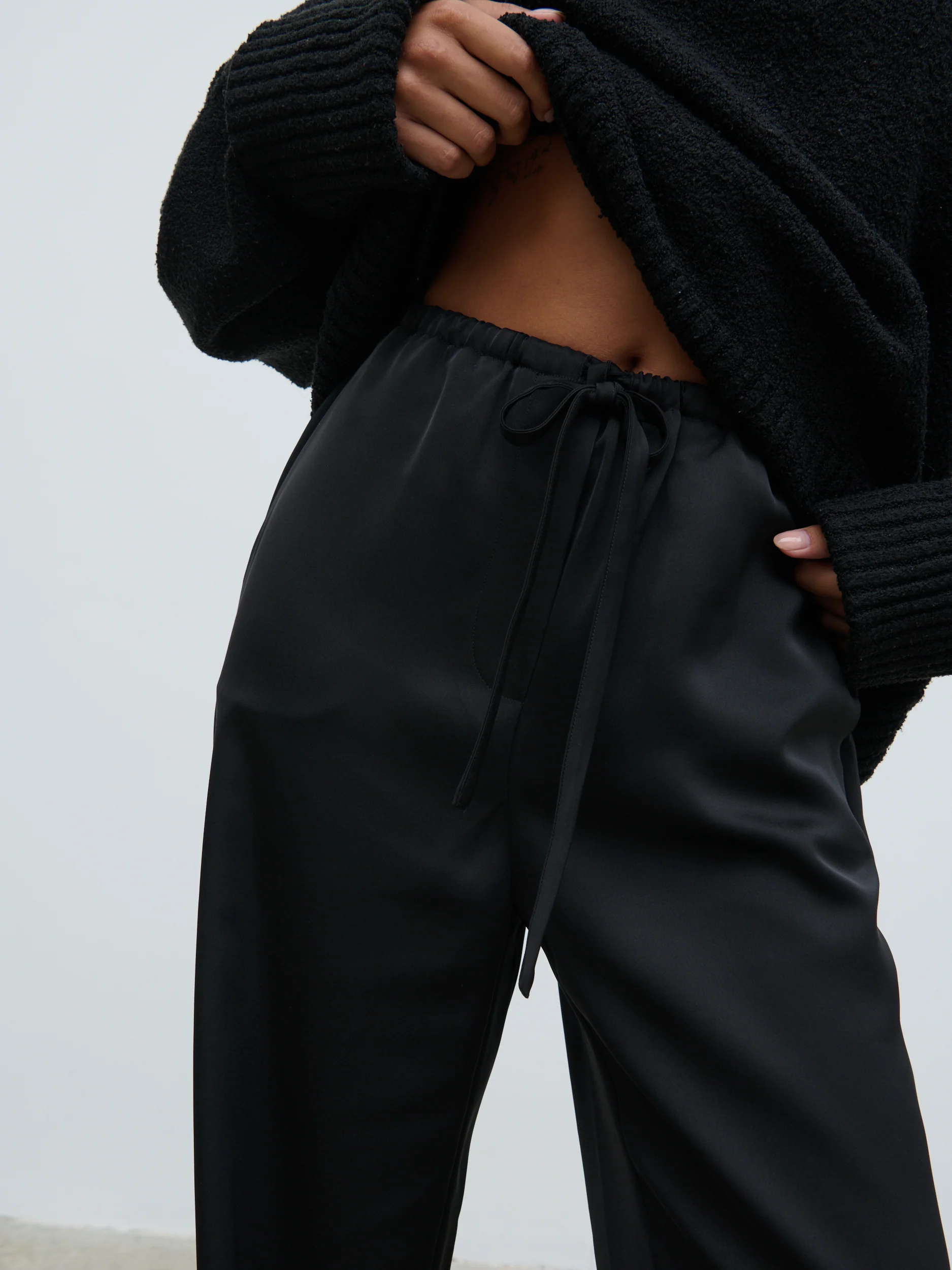 Breya Satin Drawstring Trousers - Black - Image 3