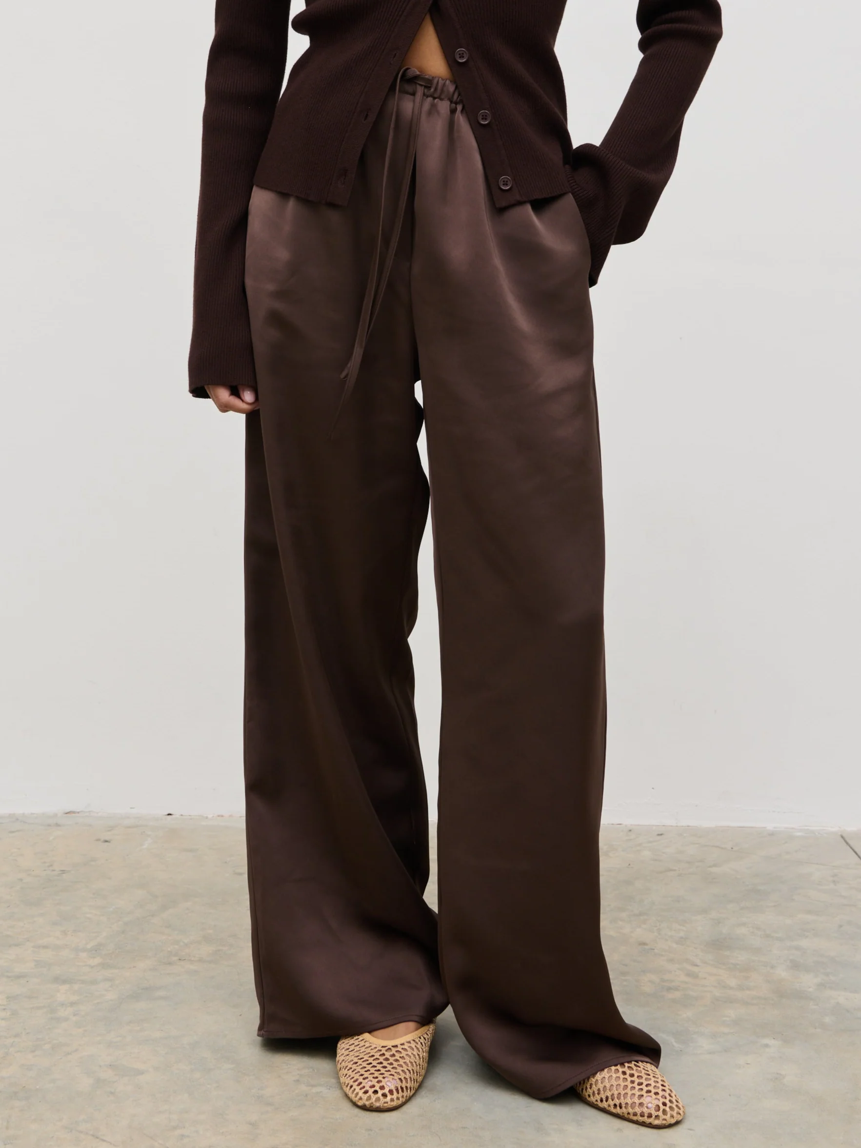 Breya Satin Drawstring Trousers - Chocolate Brown - Image 3