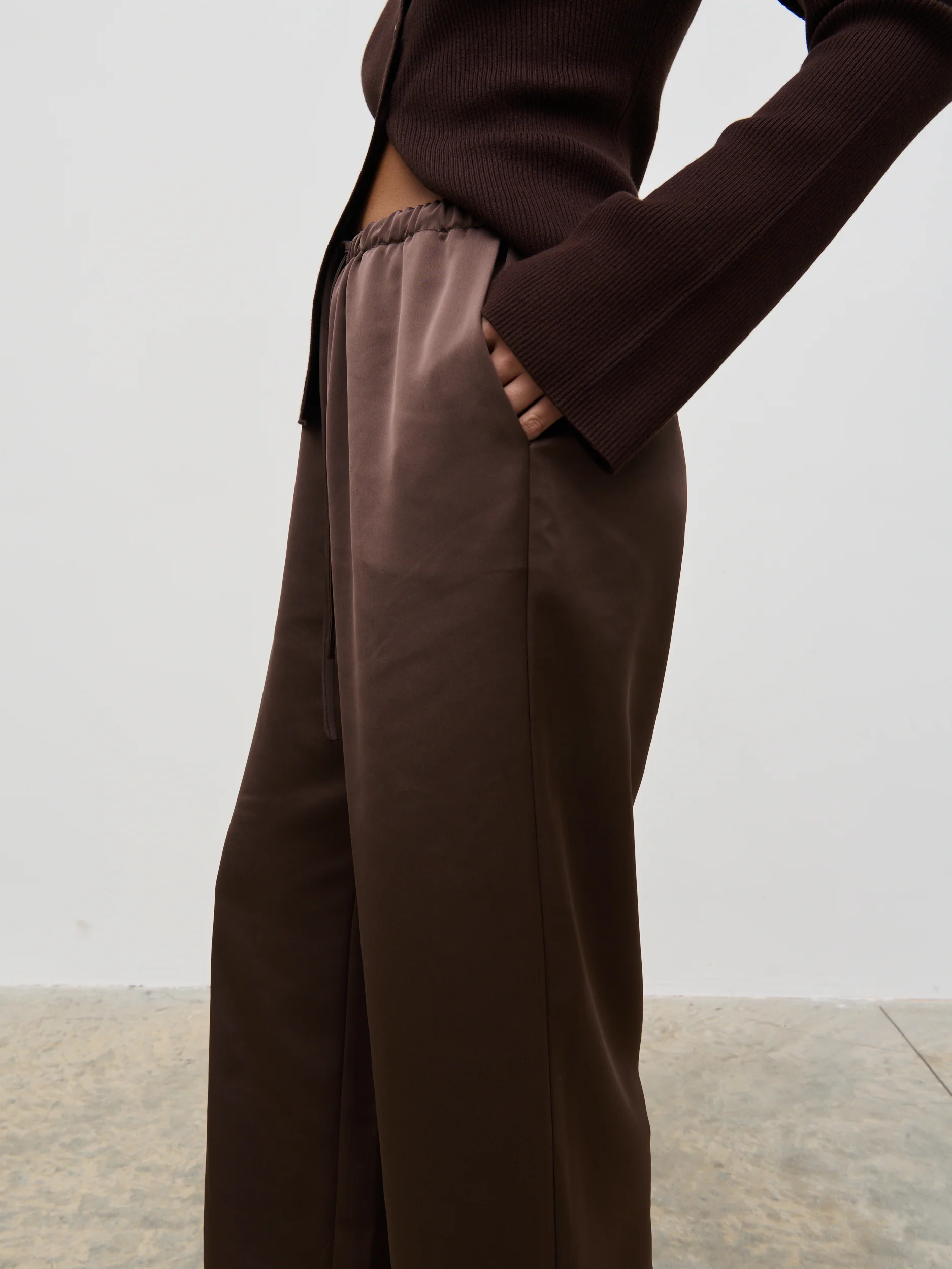 Breya Satin Drawstring Trousers - Chocolate Brown - Image 4