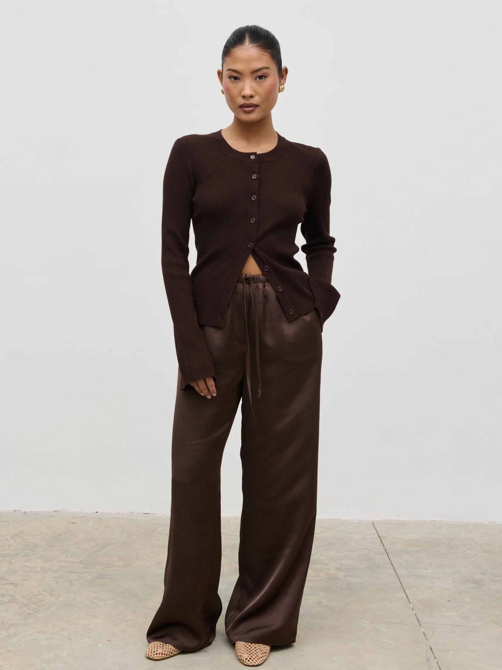 Breya Satin Drawstring Trousers - Chocolate Brown - Image 7