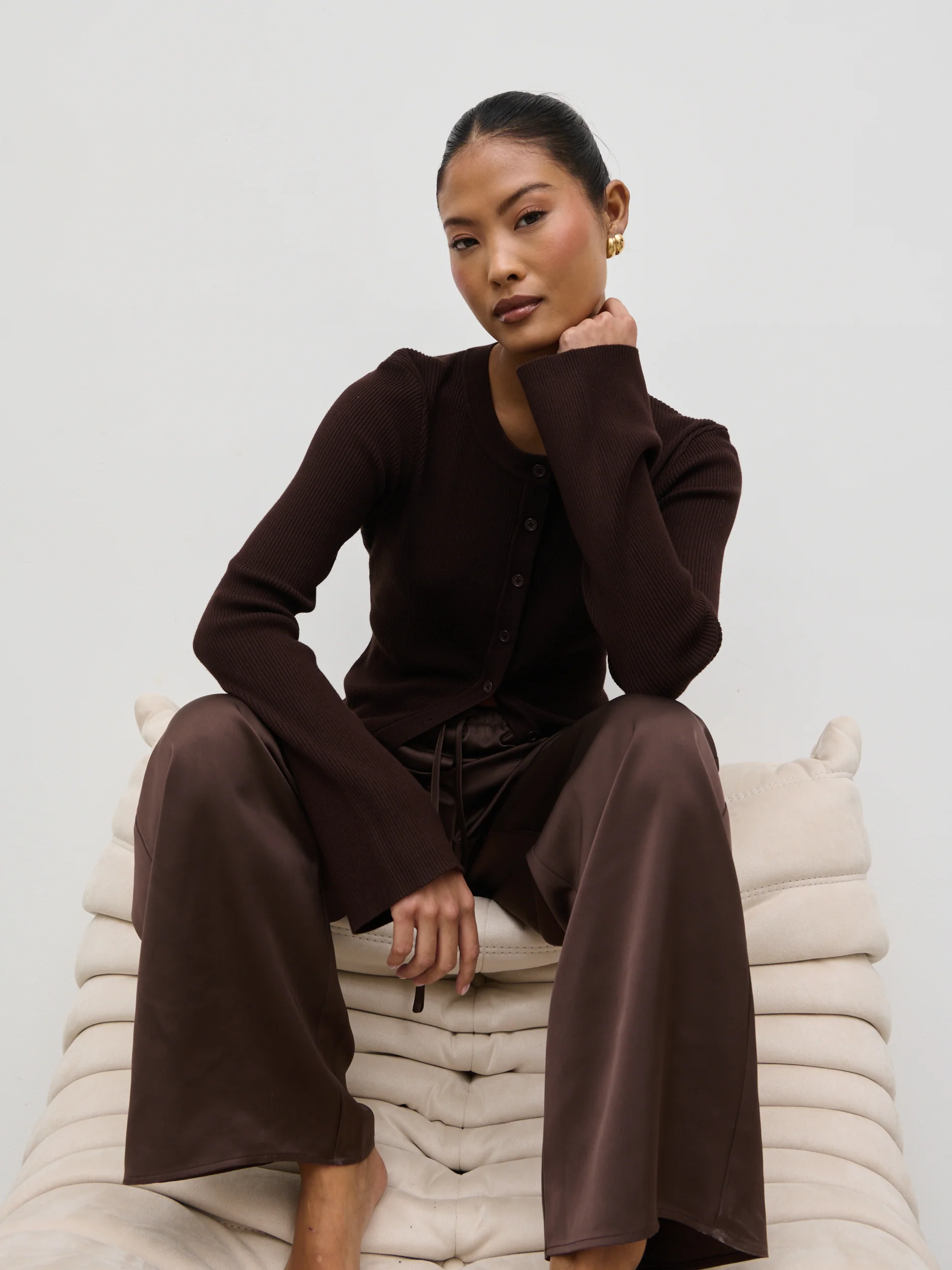Breya Satin Drawstring Trousers - Chocolate Brown - Image 8
