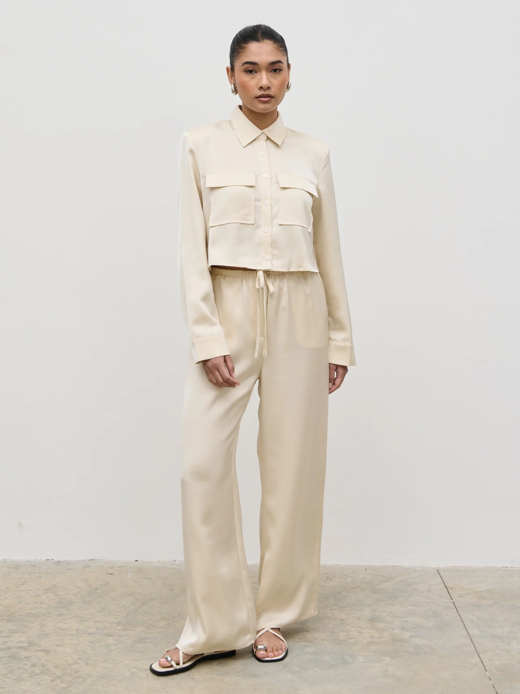 Breya Satin Drawstring Trousers - Oyster - Image 5