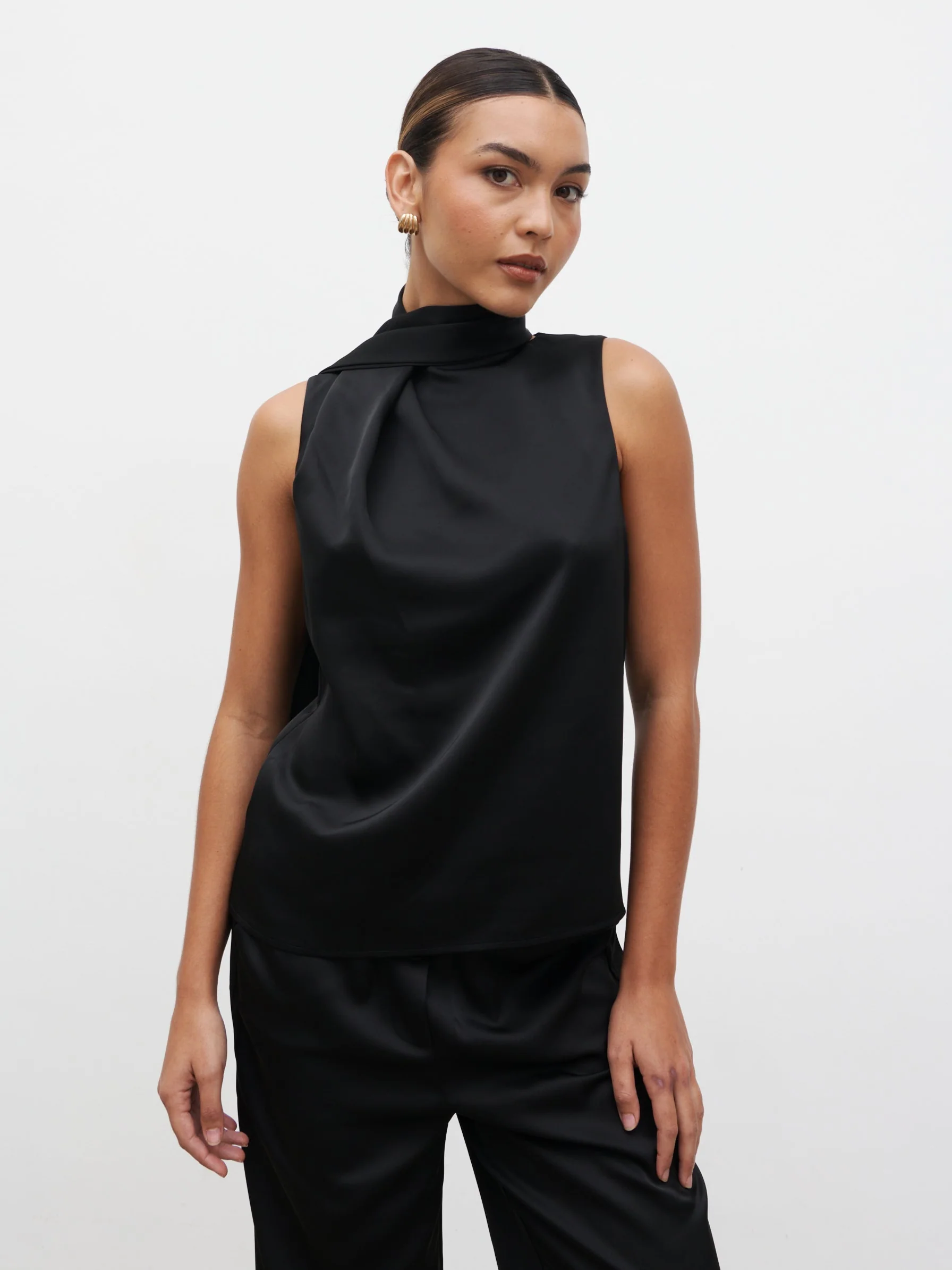 Breya Scarf Satin Top - Black - Image 8