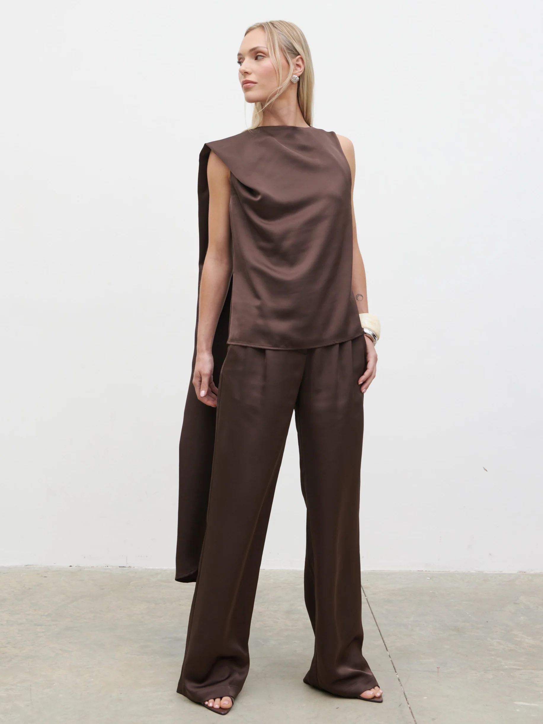 Breya Scarf Satin Top - Chocolate Brown - Image 3