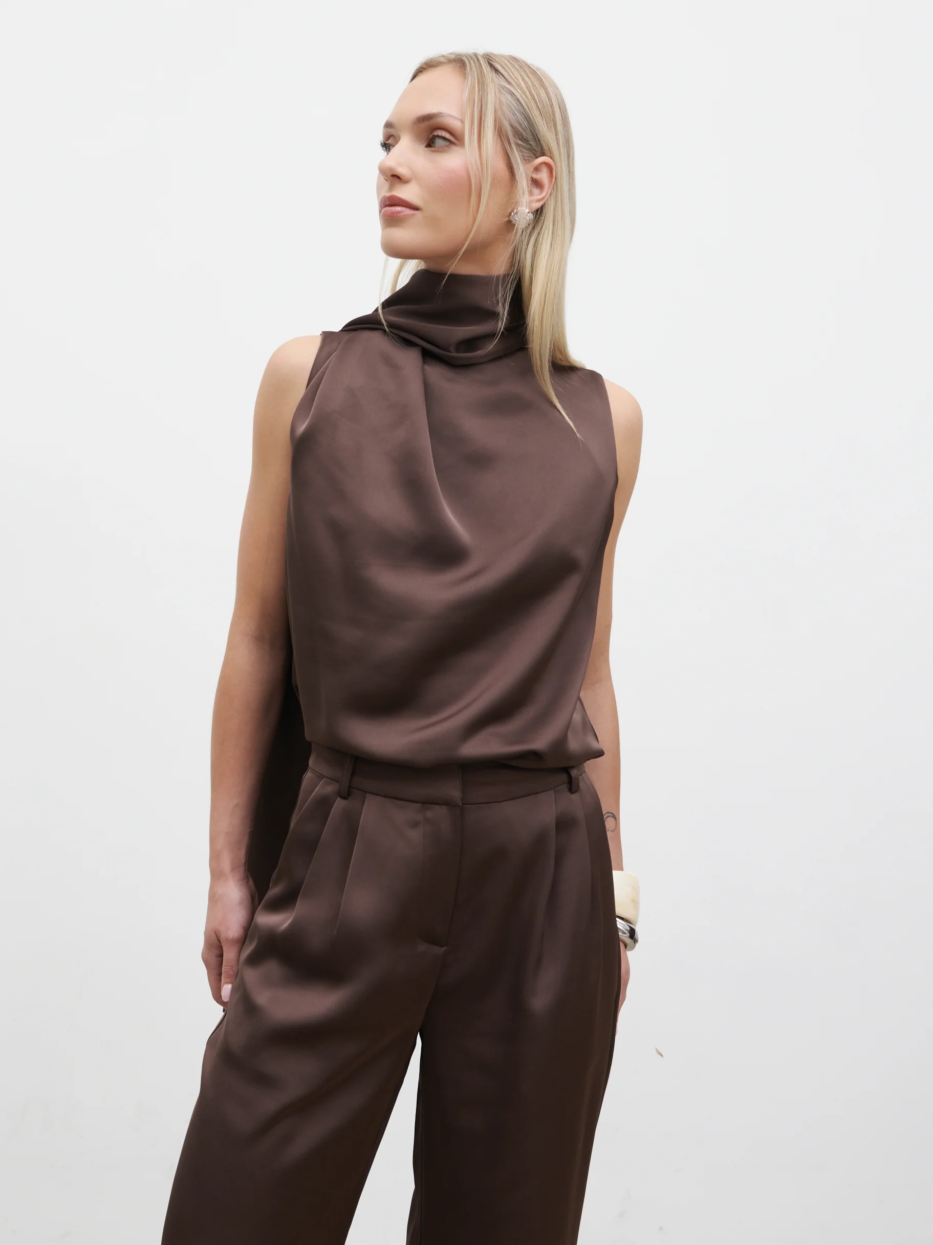 Breya Scarf Satin Top - Chocolate Brown - Image 5