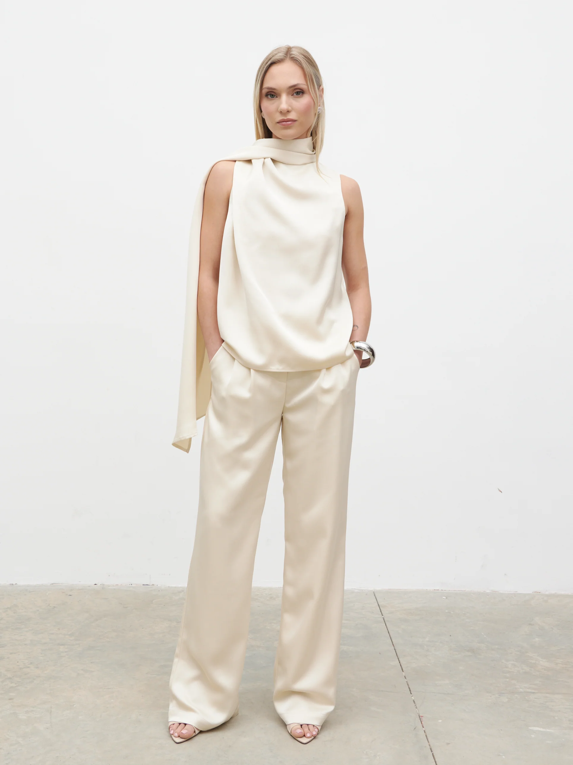 Breya Scarf Satin Top - Oyster - Image 4