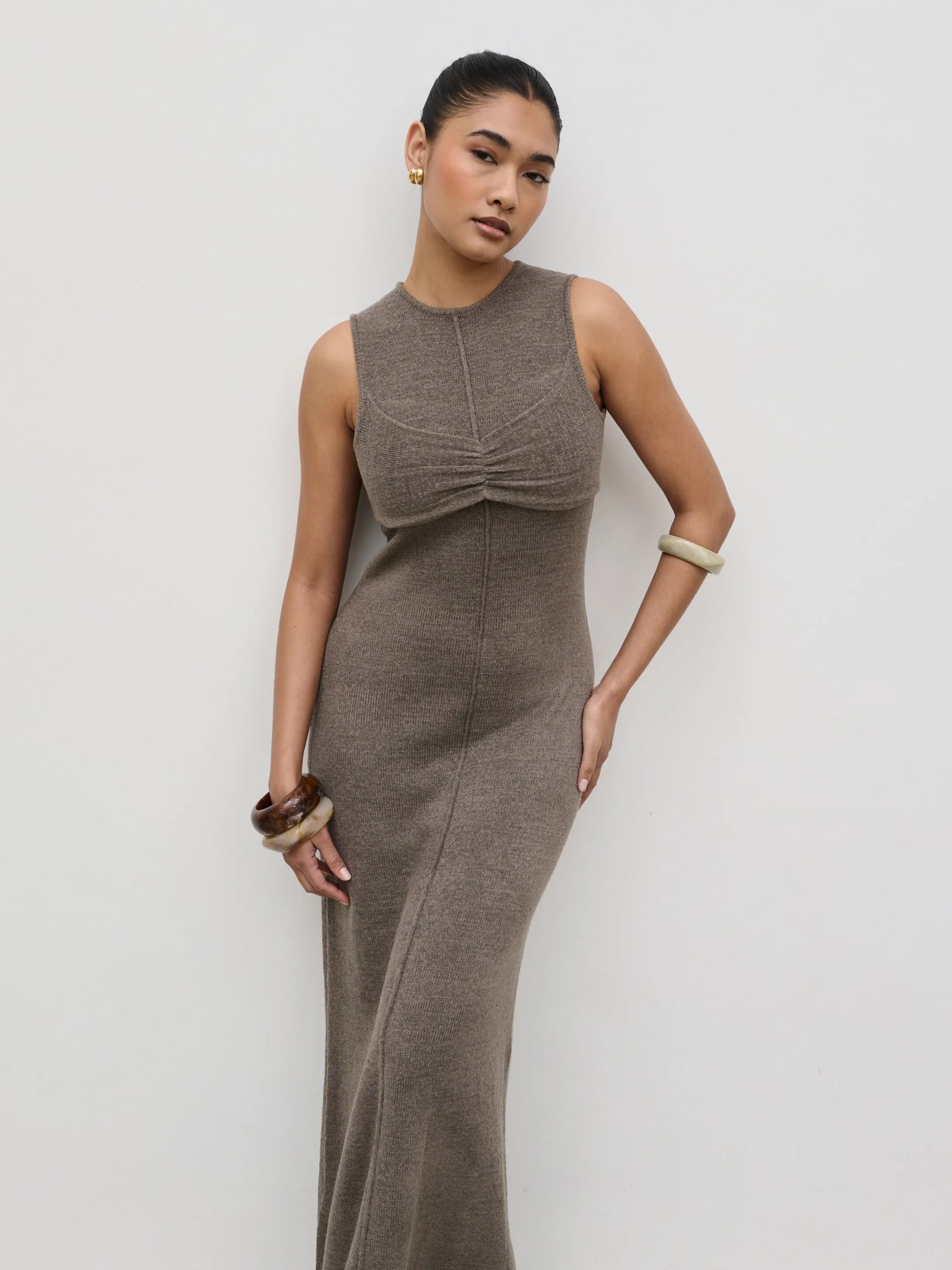 Brittany Fine Tape Bra Detail Knit Maxi Dress - Mushroom - Image 2