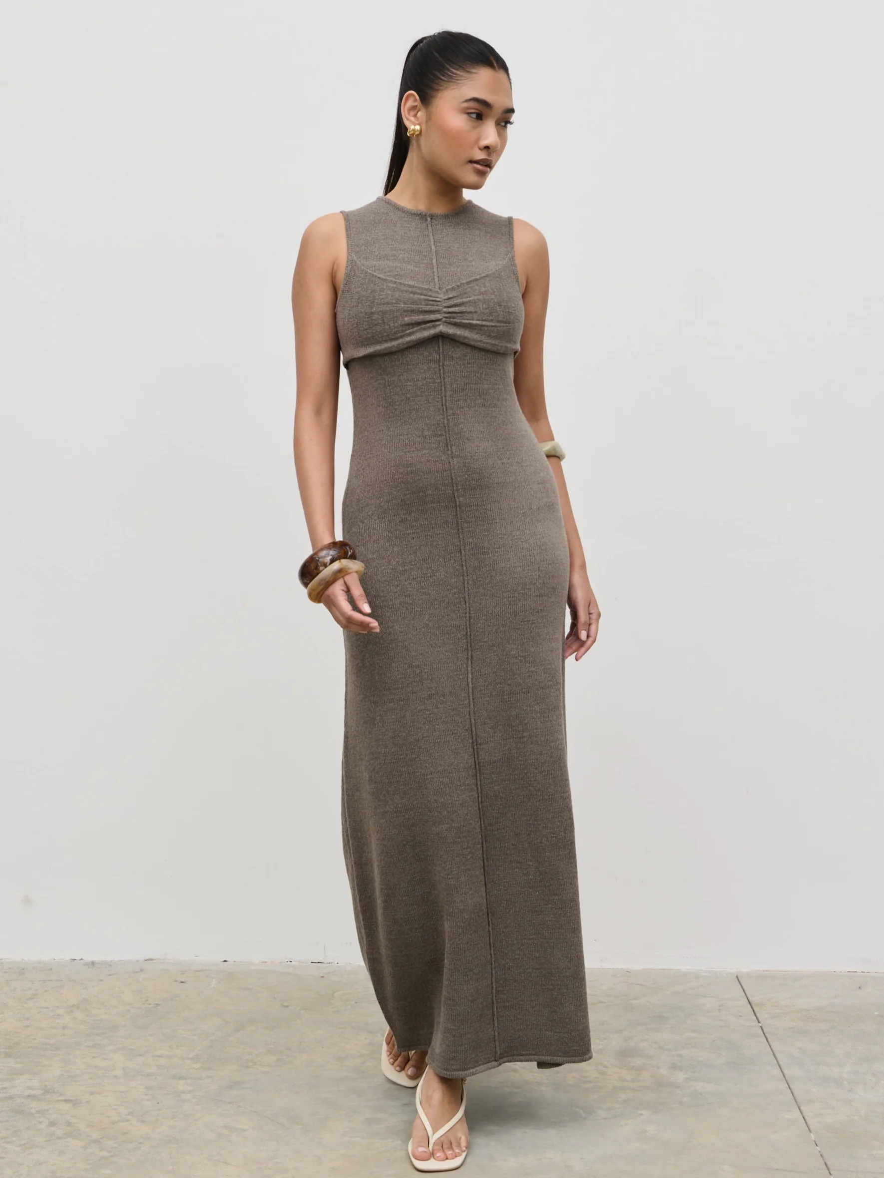 Brittany Fine Tape Bra Detail Knit Maxi Dress - Mushroom - Image 4