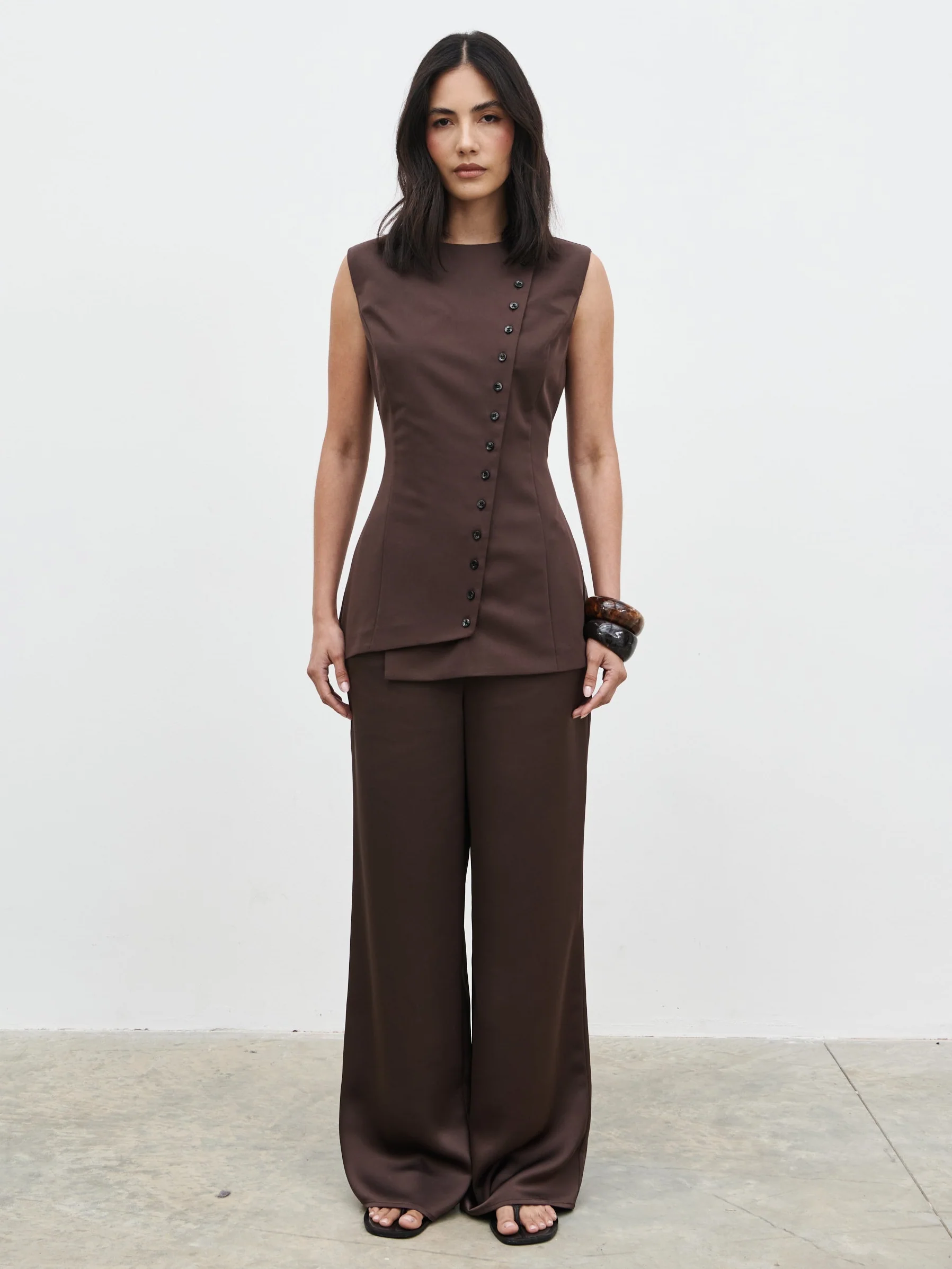 Brylee Asymmetric Button Waistcoat - Brown - Image 3