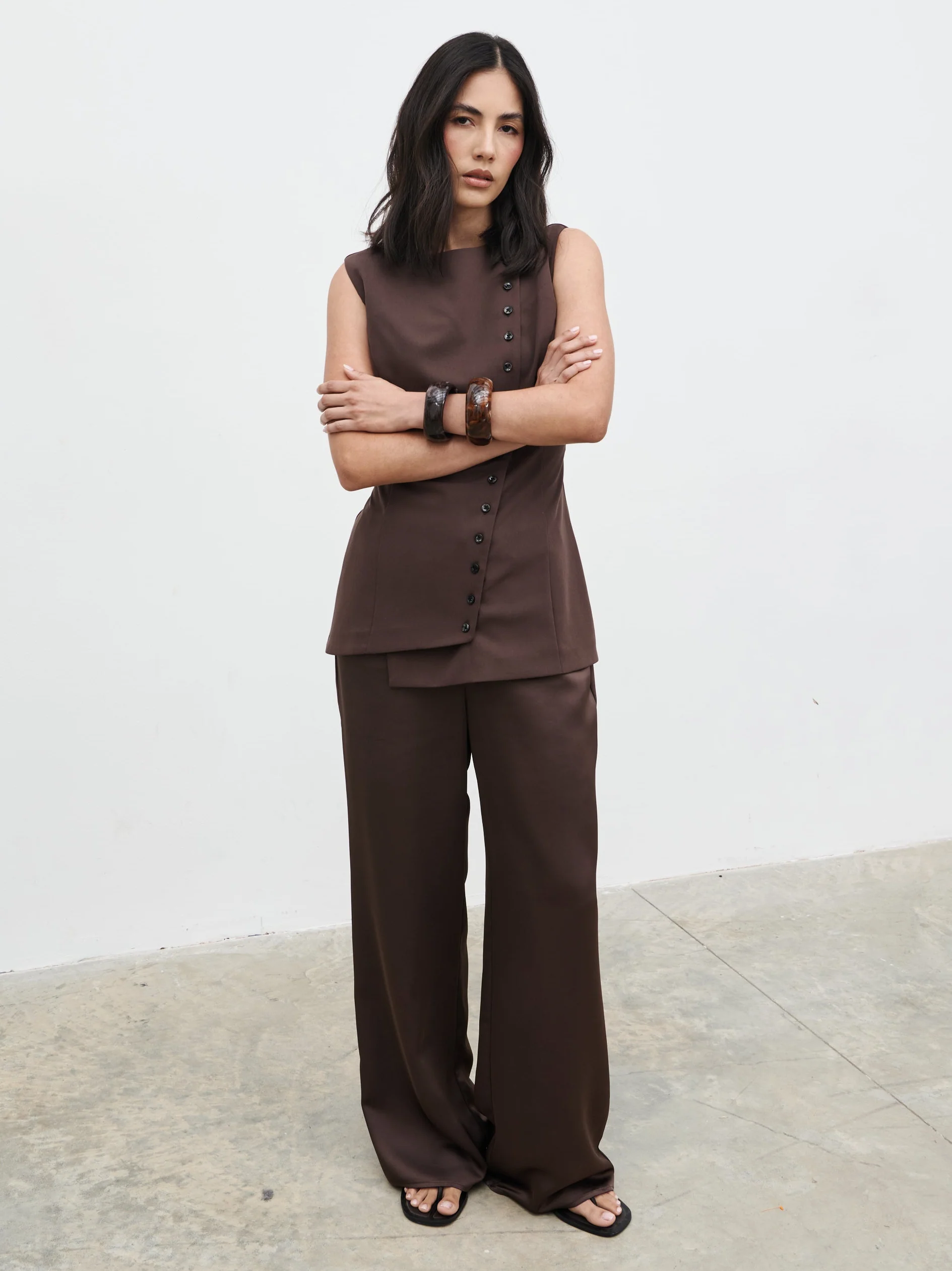 Brylee Asymmetric Button Waistcoat - Brown - Image 6
