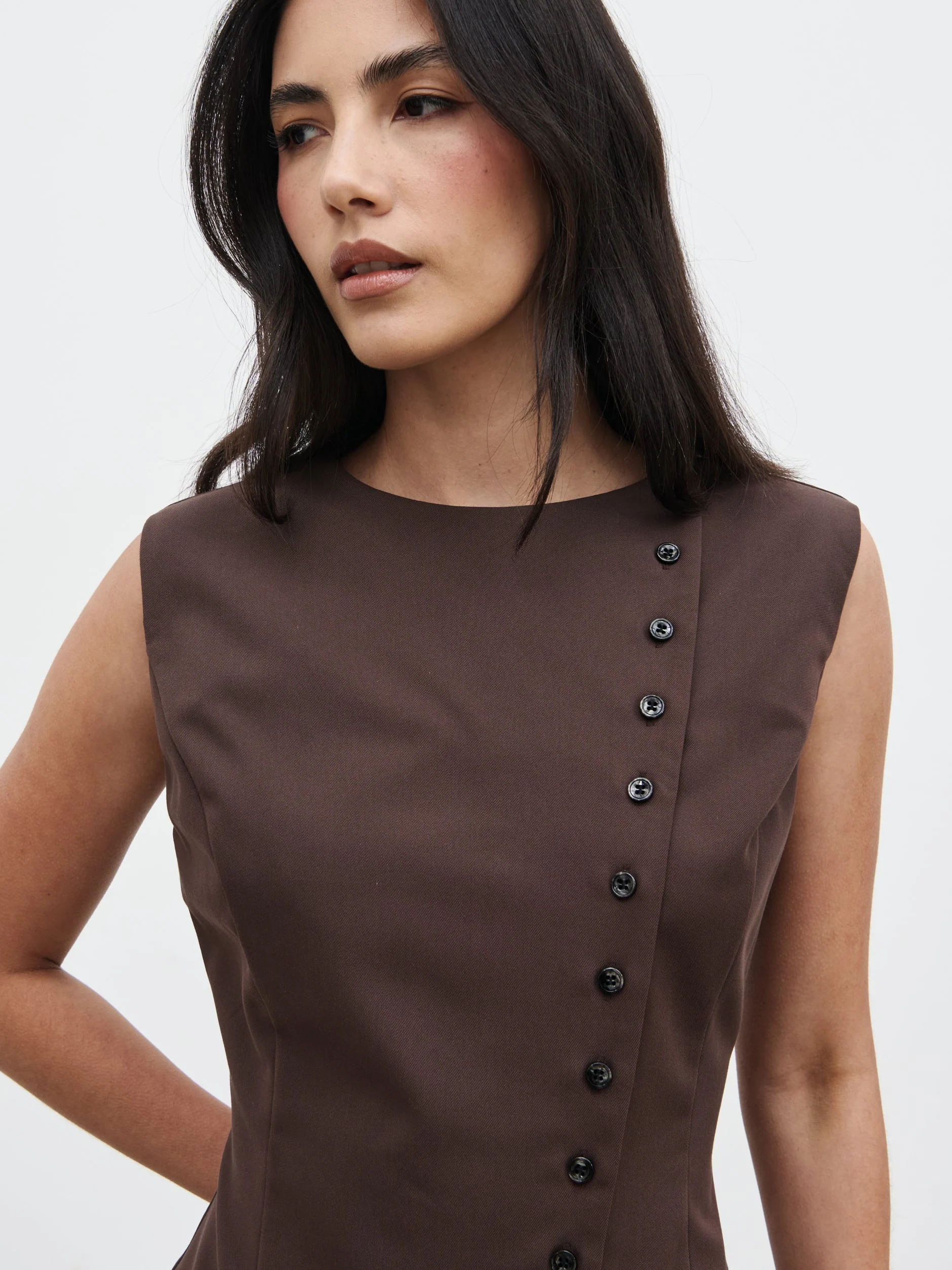 Brylee Asymmetric Button Waistcoat - Brown - Image 7