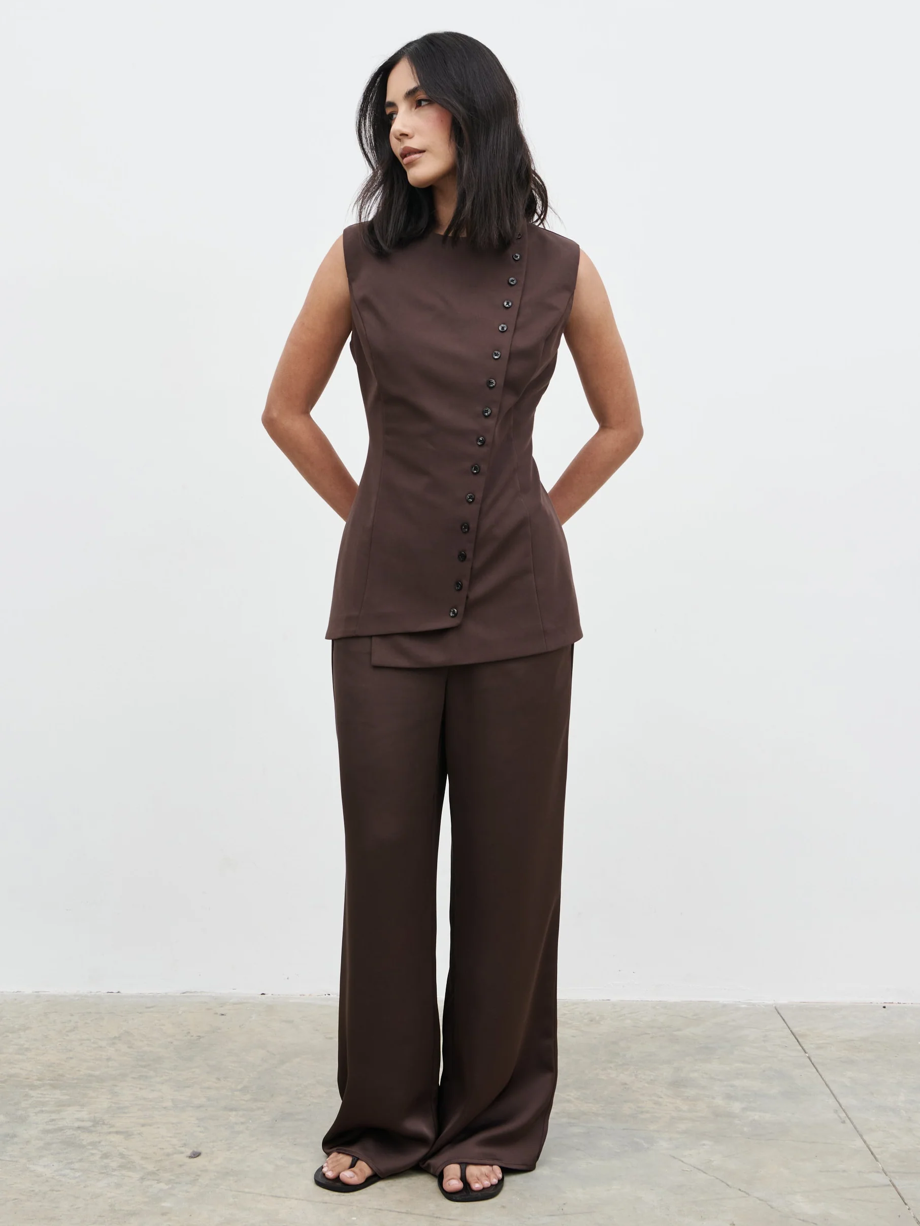 Brylee Asymmetric Button Waistcoat - Brown - Image 8