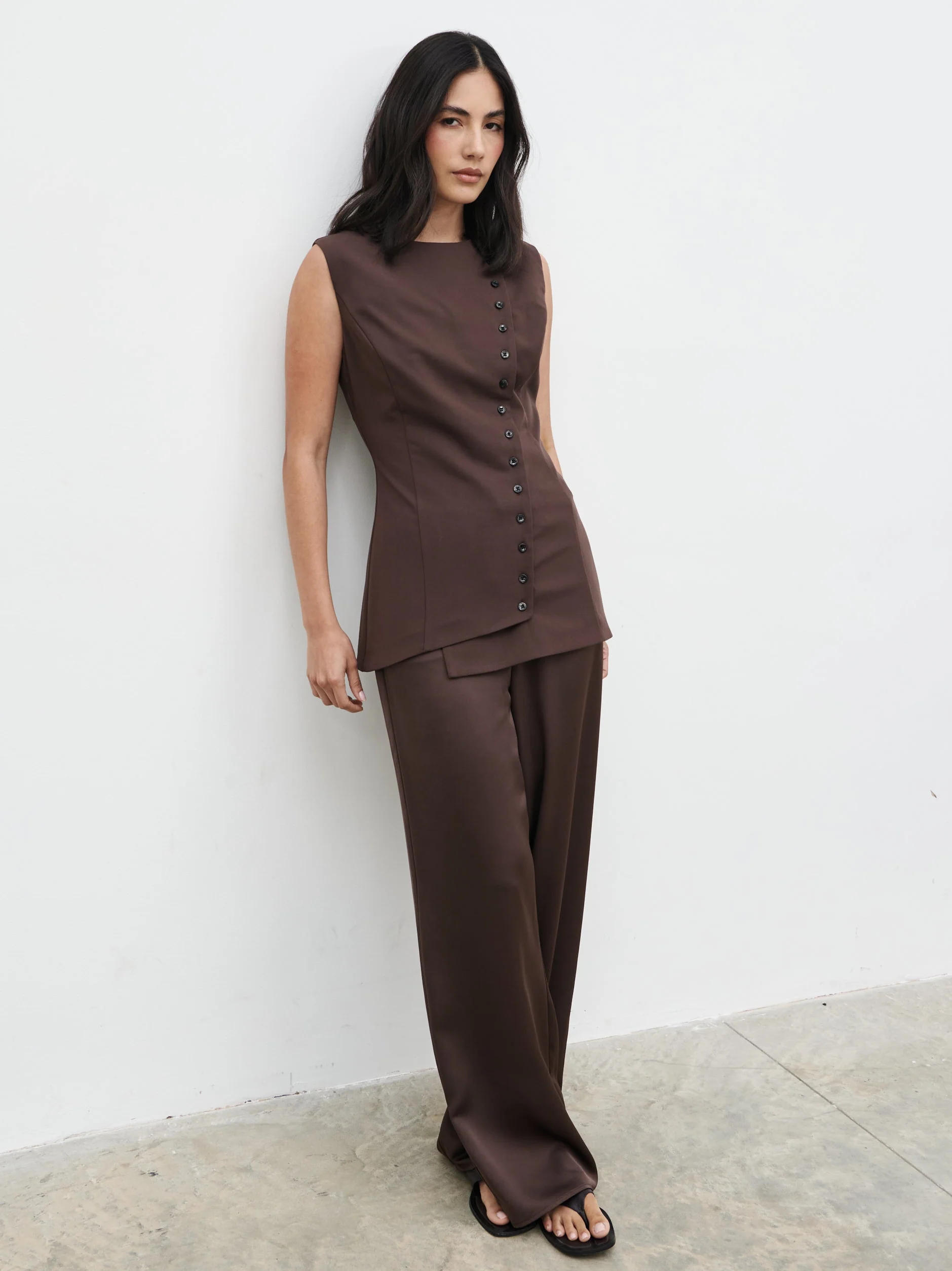 Brylee Asymmetric Button Waistcoat - Brown - Image 9