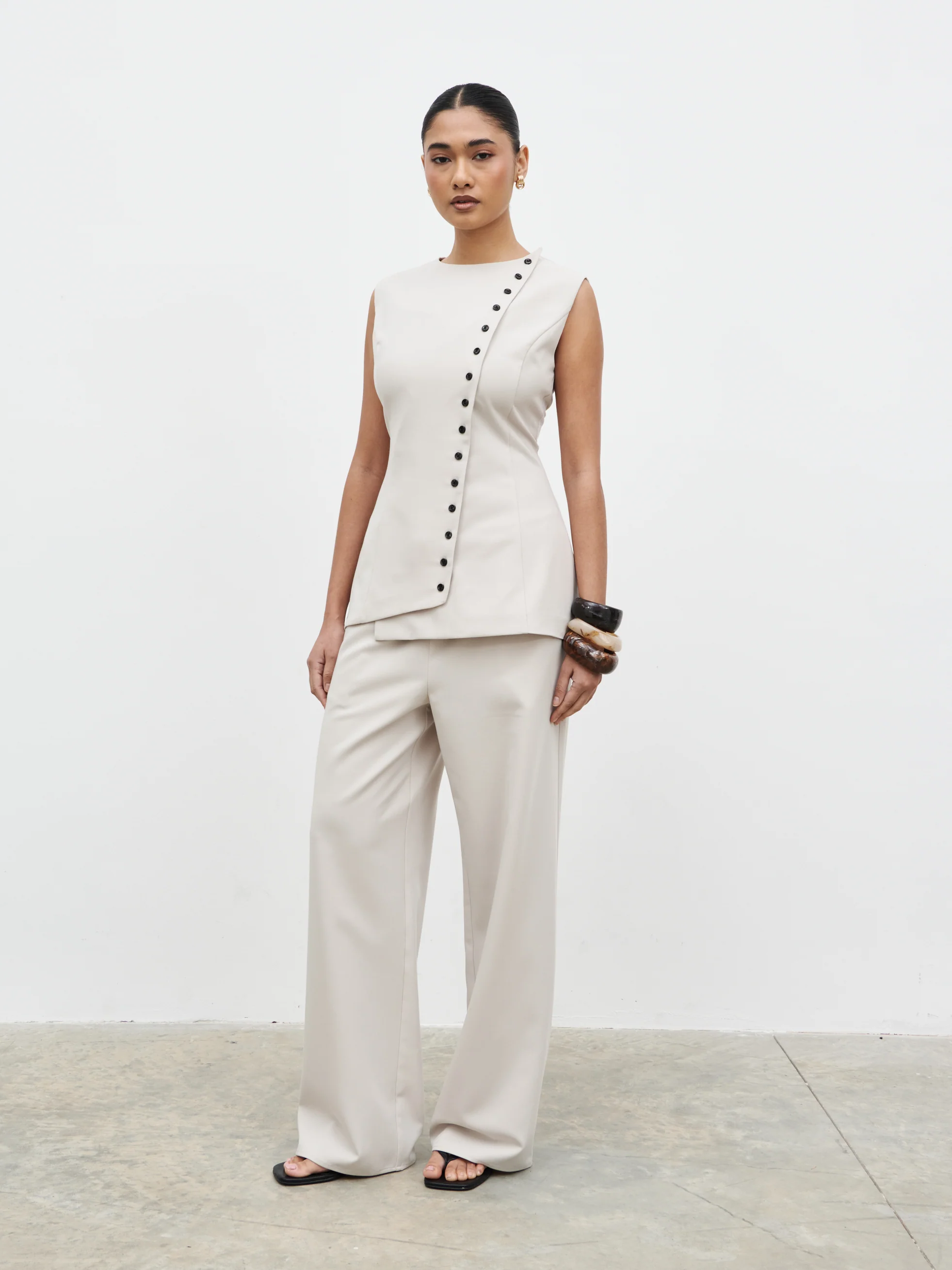 Brylee Asymmetric Button Waistcoat - Stone - Image 3