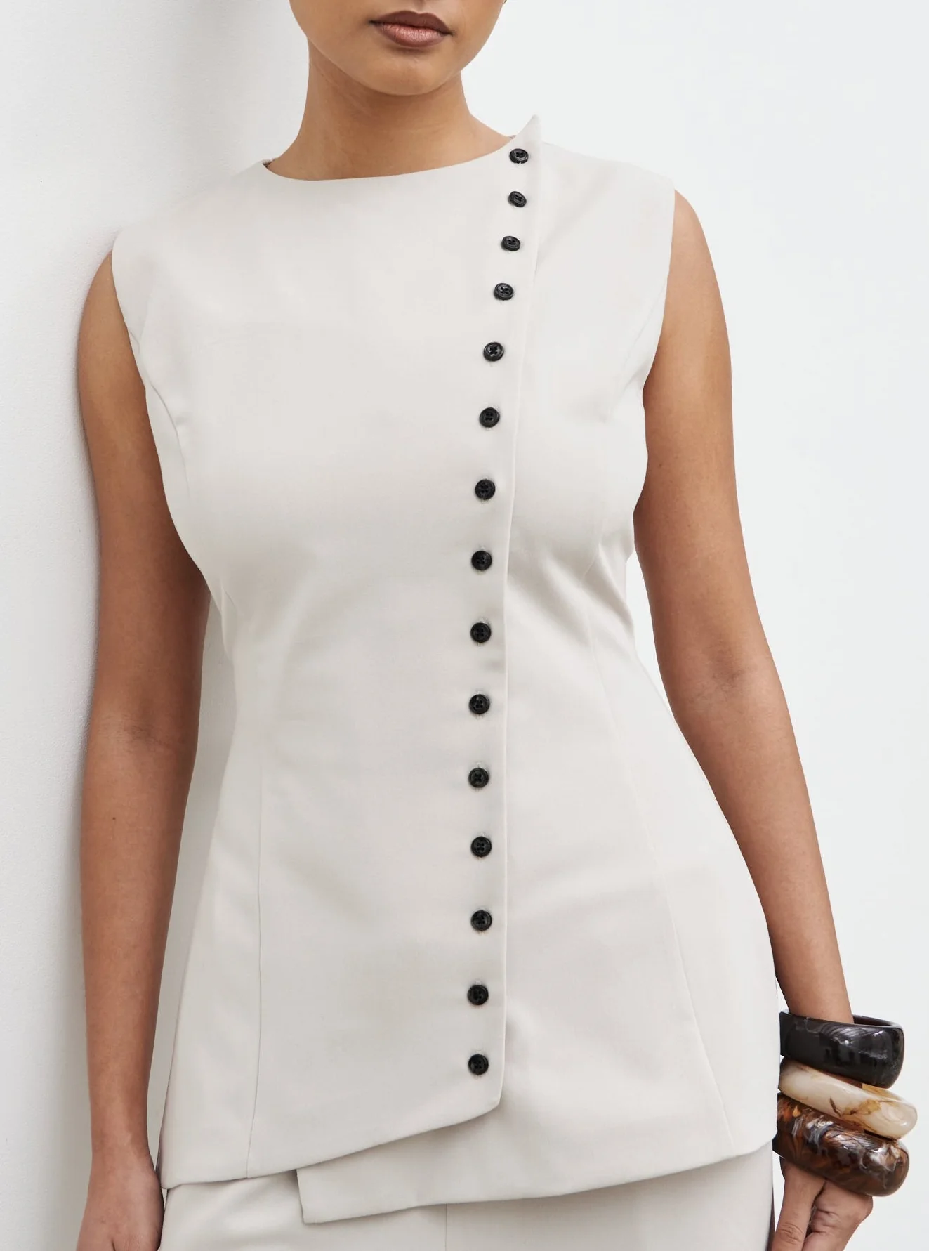 Brylee Asymmetric Button Waistcoat - Stone - Image 5