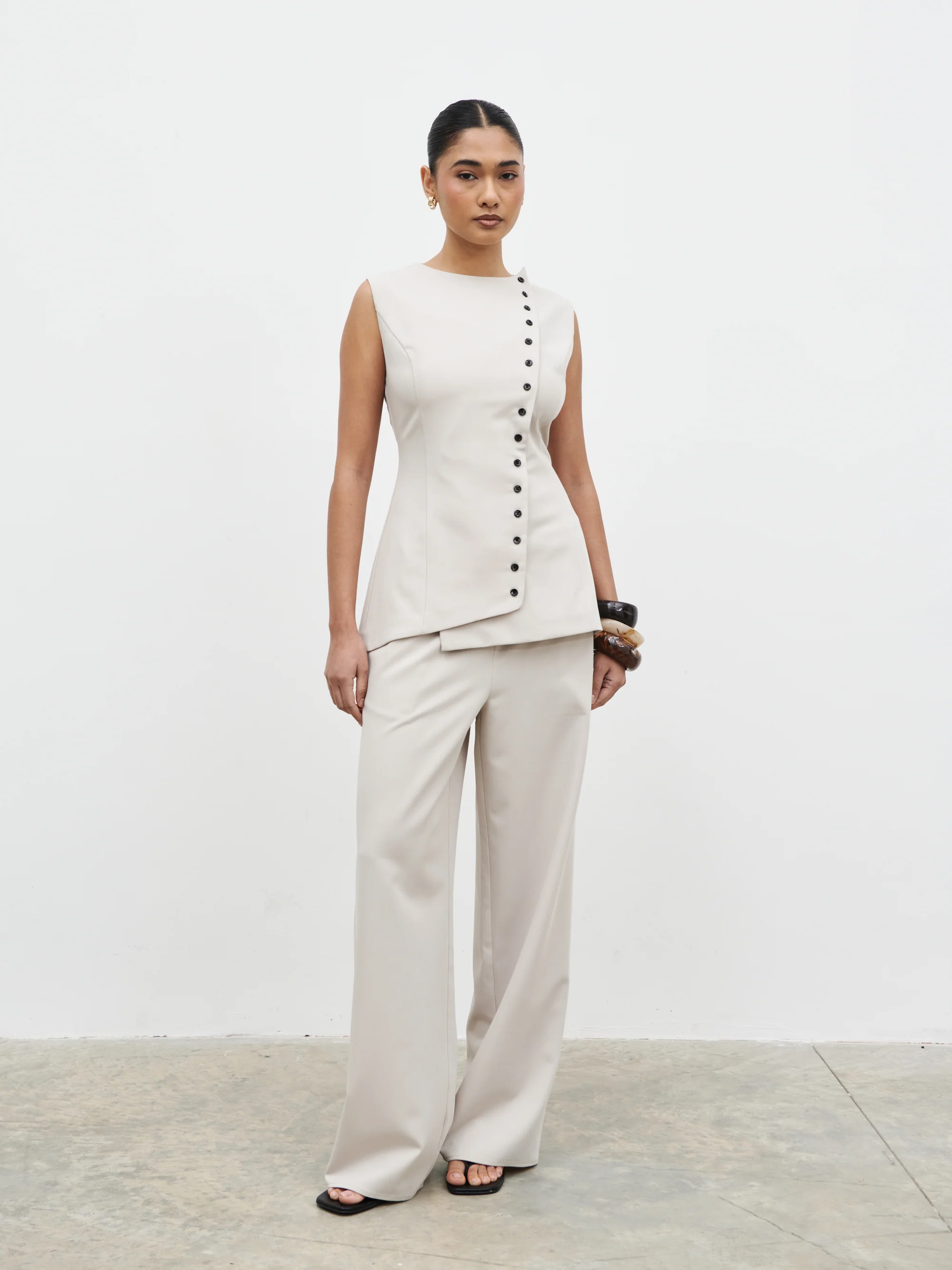 Brylee Asymmetric Button Waistcoat - Stone - Image 6