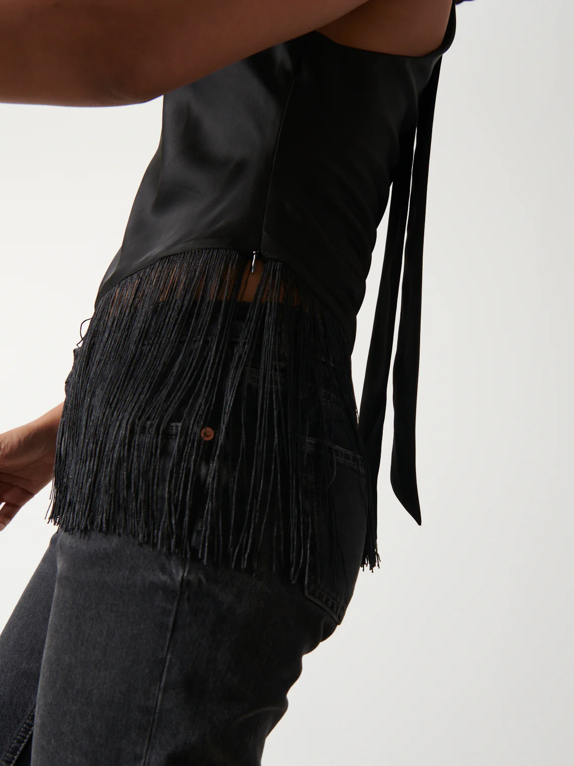 Callie Asymmetric Fringed Top - Black - Image 2