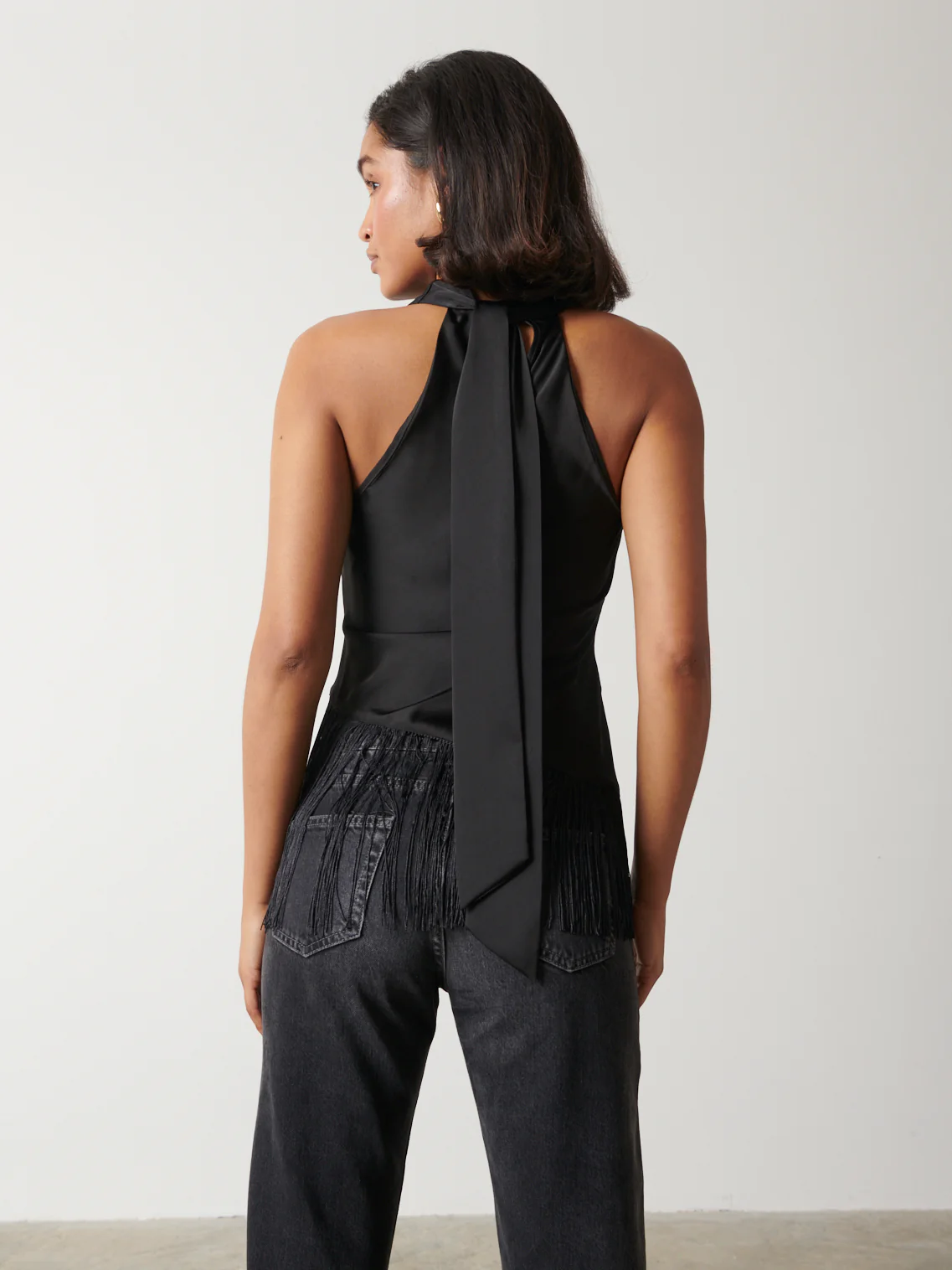 Callie Asymmetric Fringed Top - Black - Image 3