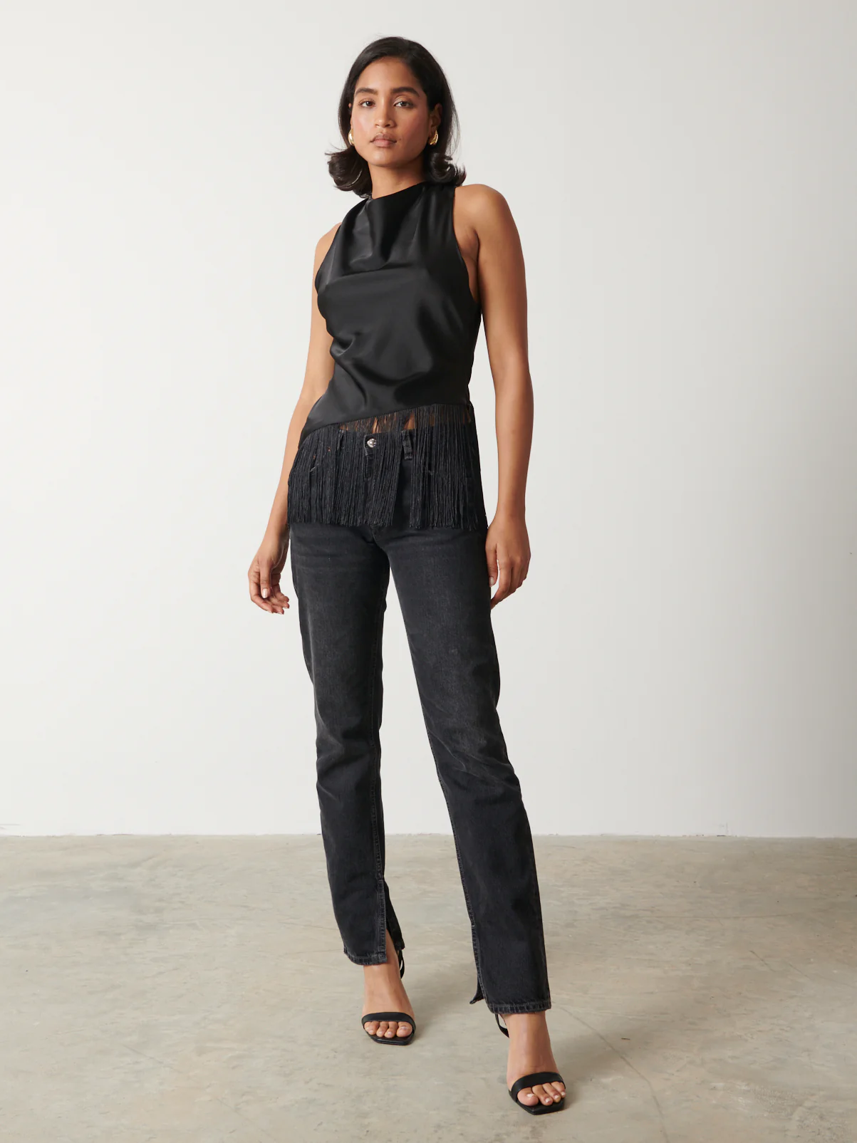 Callie Asymmetric Fringed Top - Black - Image 4