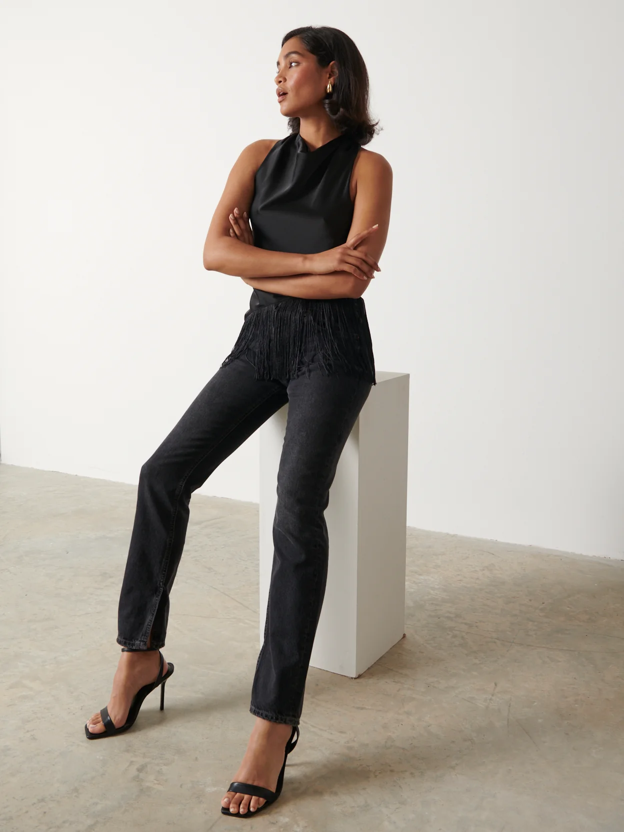 Callie Asymmetric Fringed Top - Black - Image 5