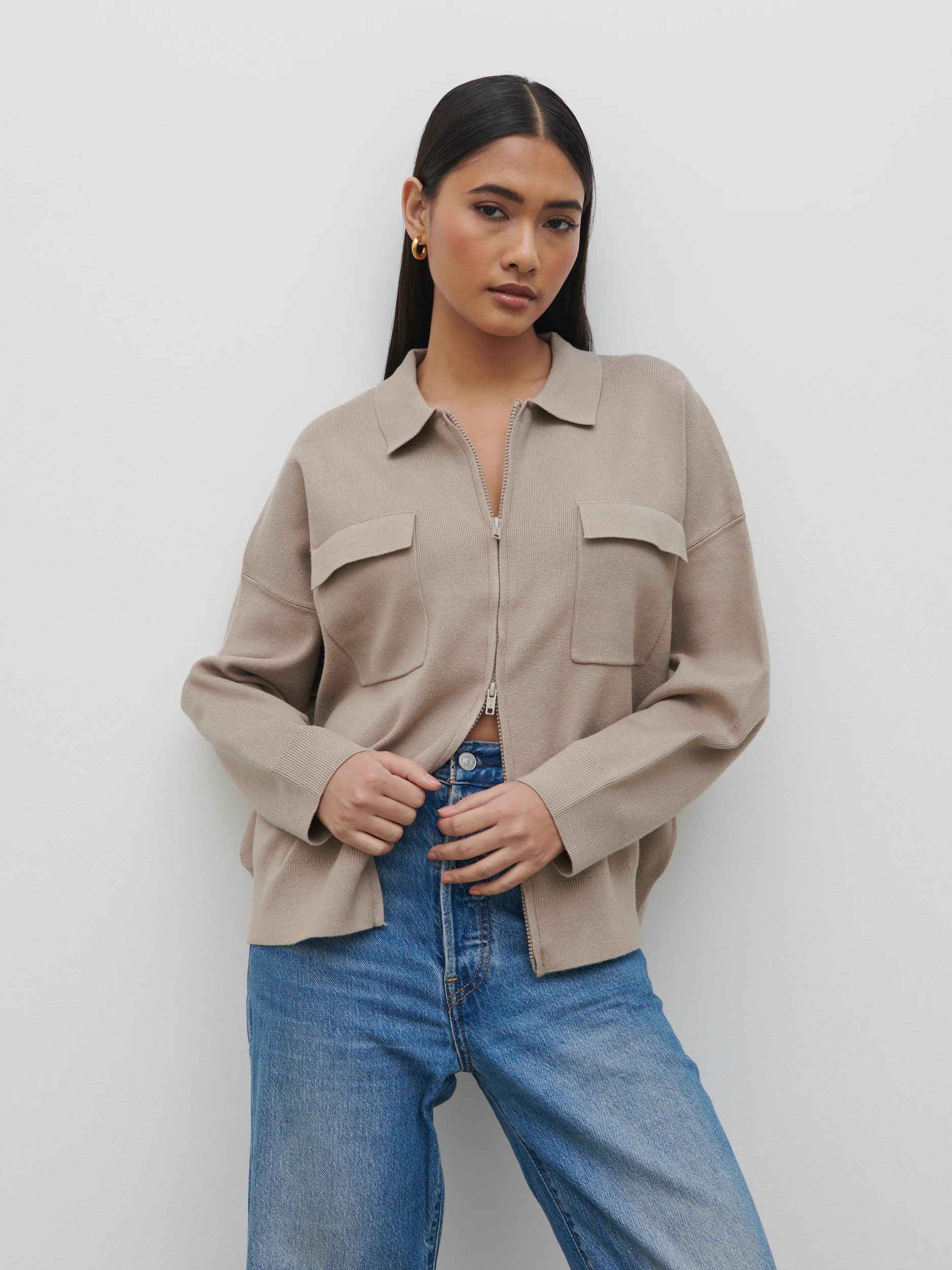 Cameron Zip Up Cardigan - Taupe - Image 3