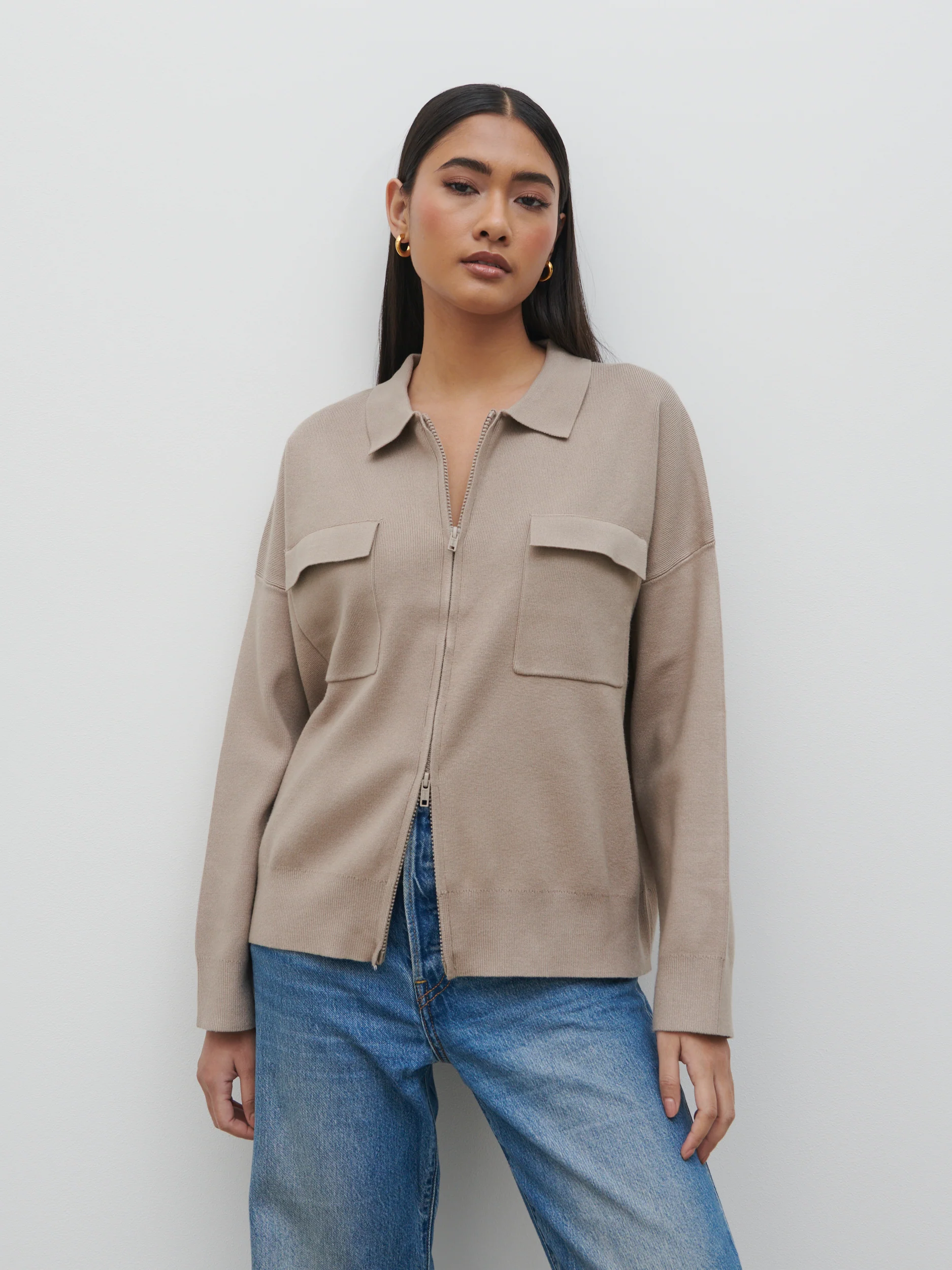 Cameron Zip Up Cardigan - Taupe - Image 5