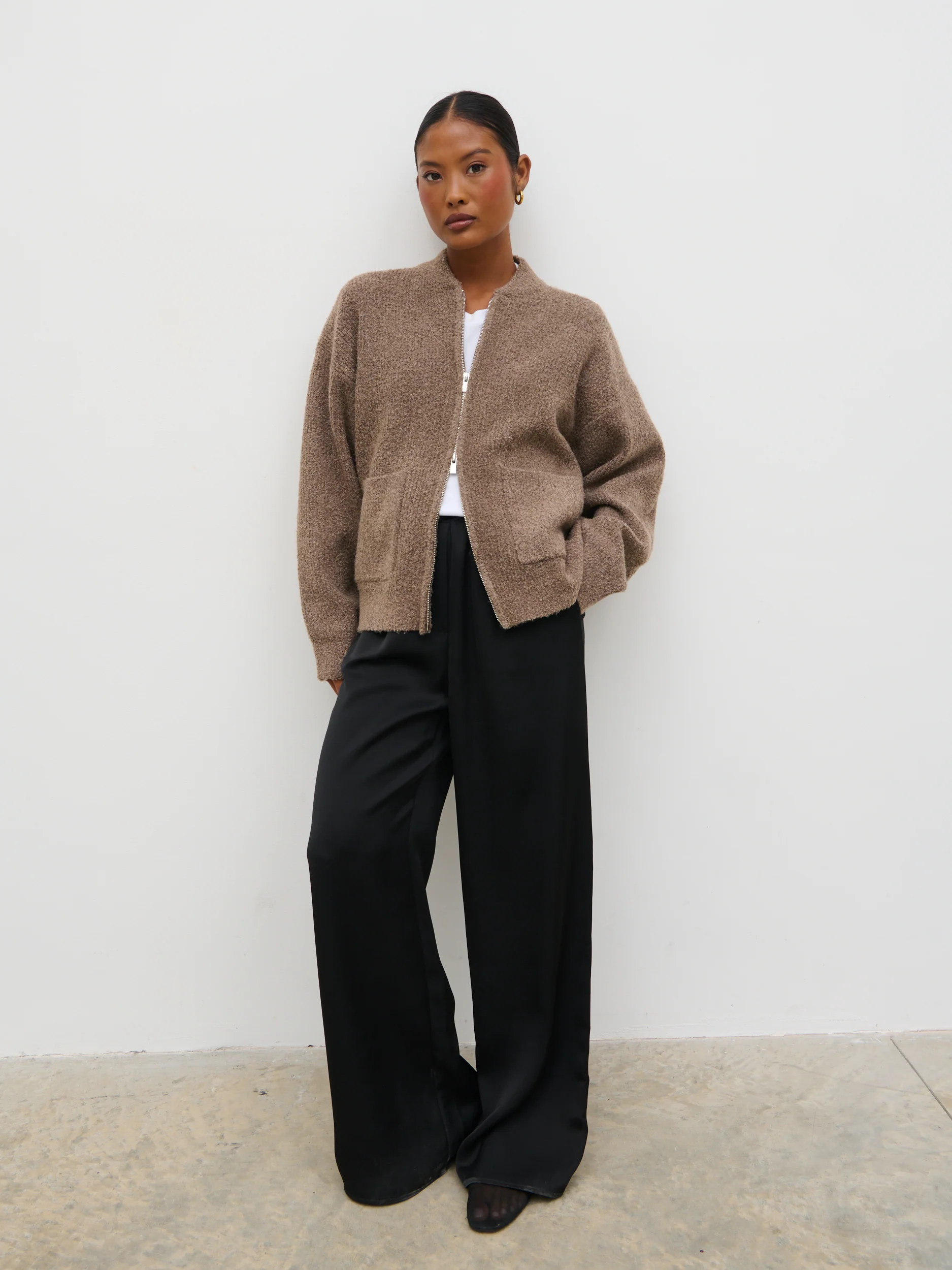 Camille Boucle Knit Bomber - Mocha - Image 2