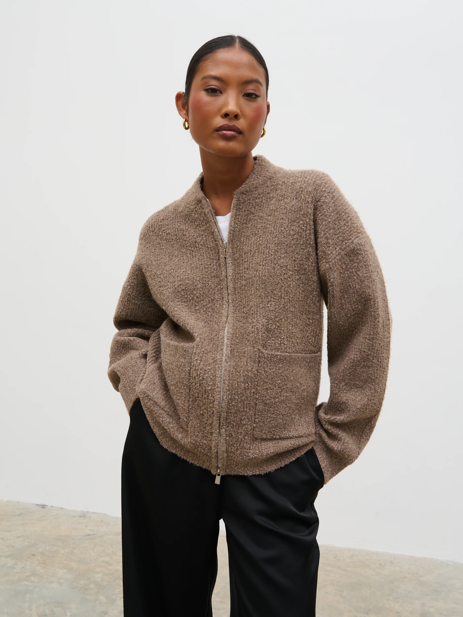 Camille Boucle Knit Bomber - Mocha - Image 4