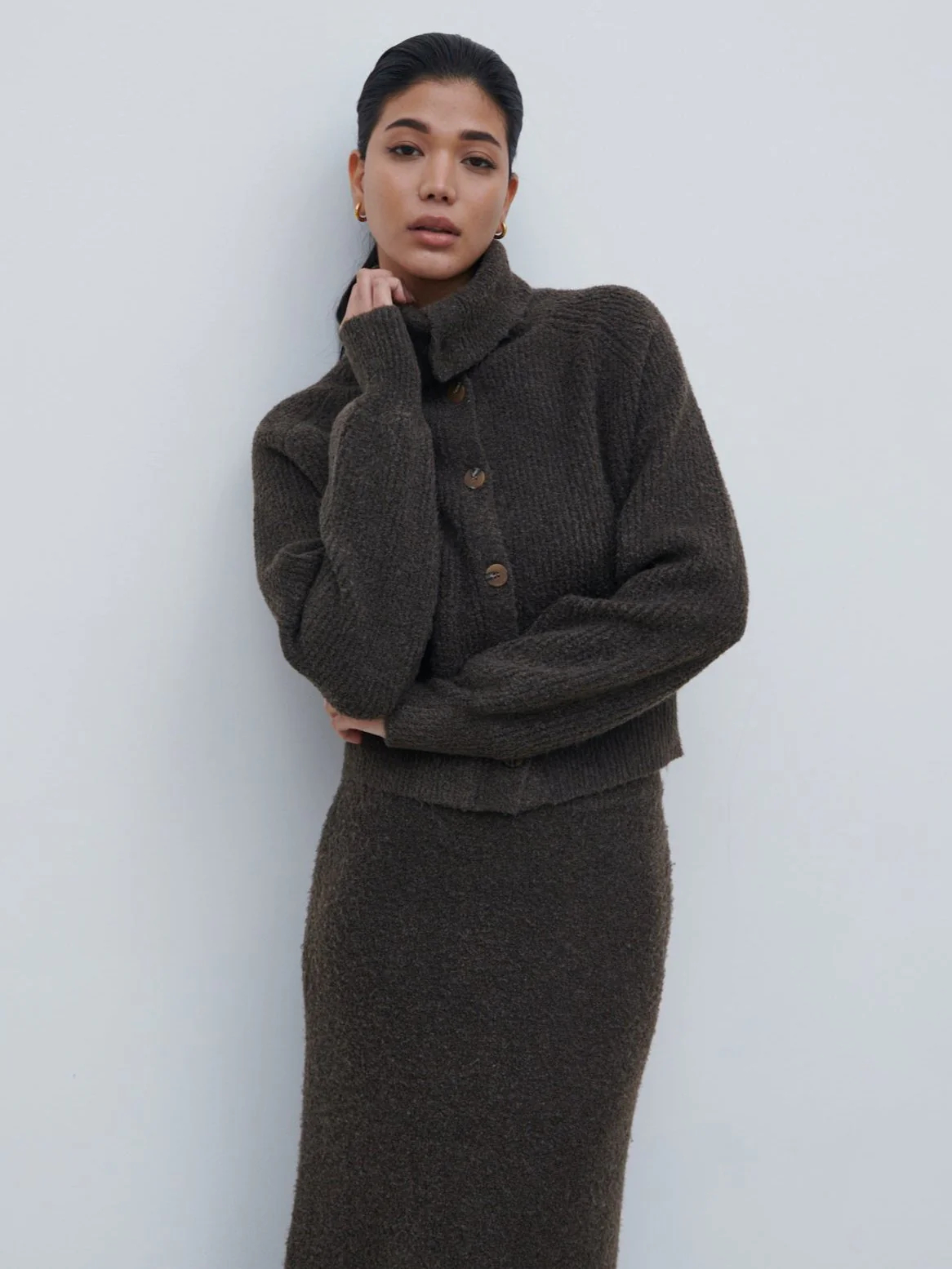 Camille High Neck Knit Cardigan - Bark - Image 3