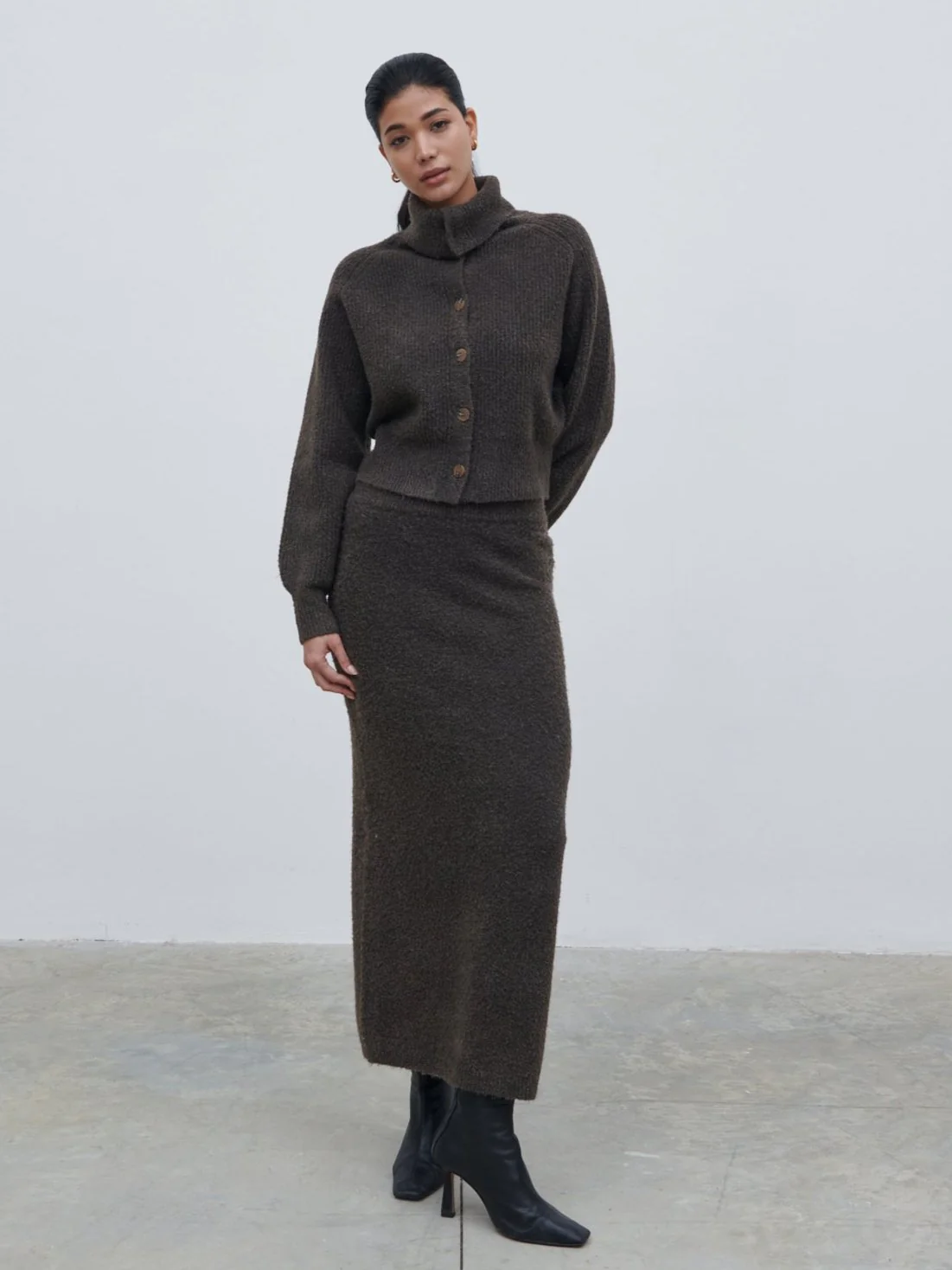 Camille High Neck Knit Cardigan - Bark - Image 4