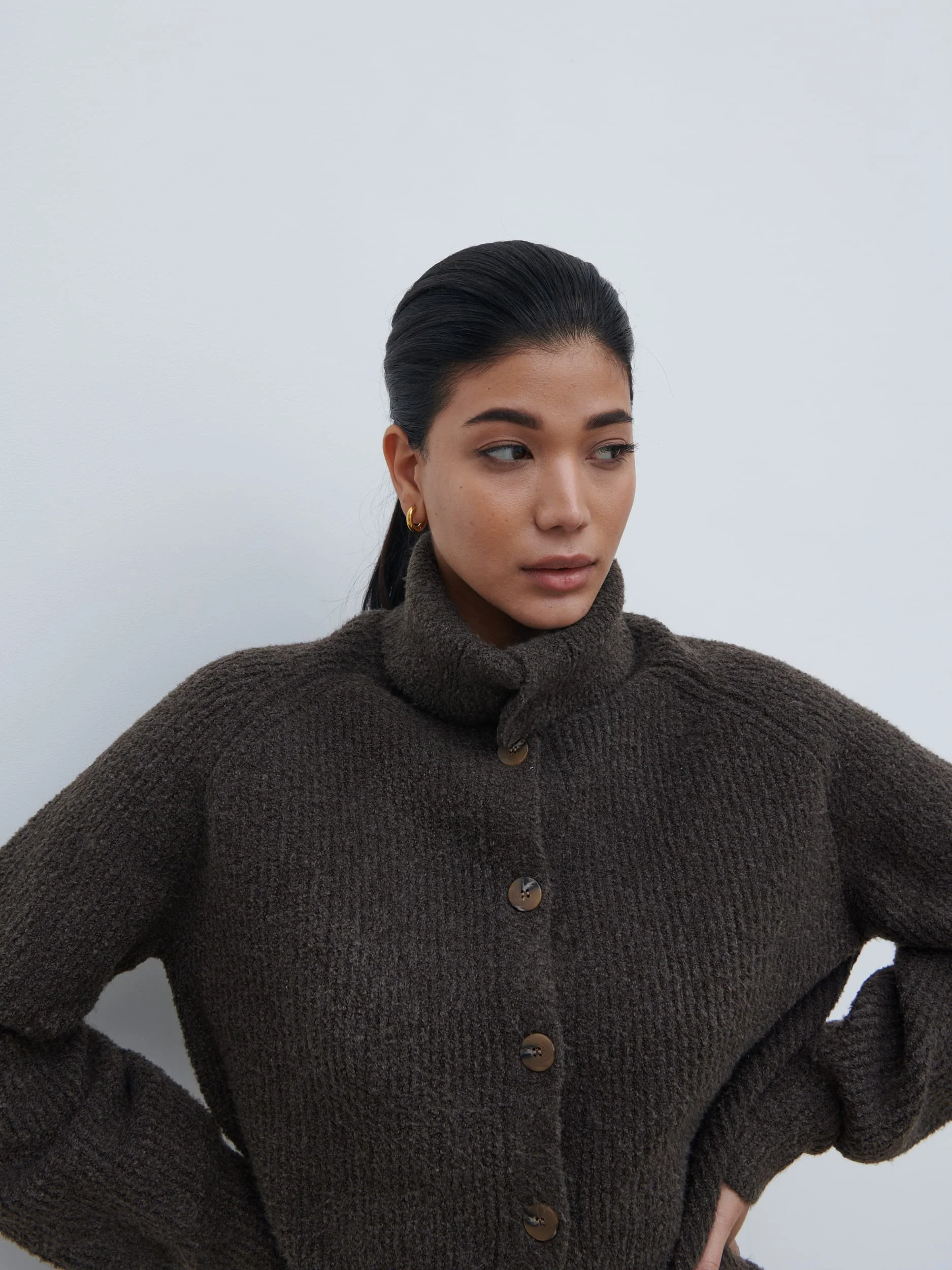 Camille High Neck Knit Cardigan - Bark - Image 5