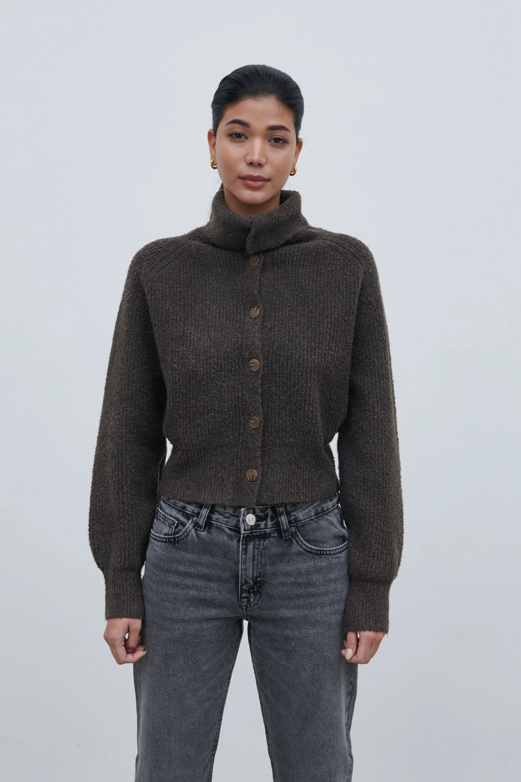Camille High Neck Knit Cardigan - Bark - Image 7