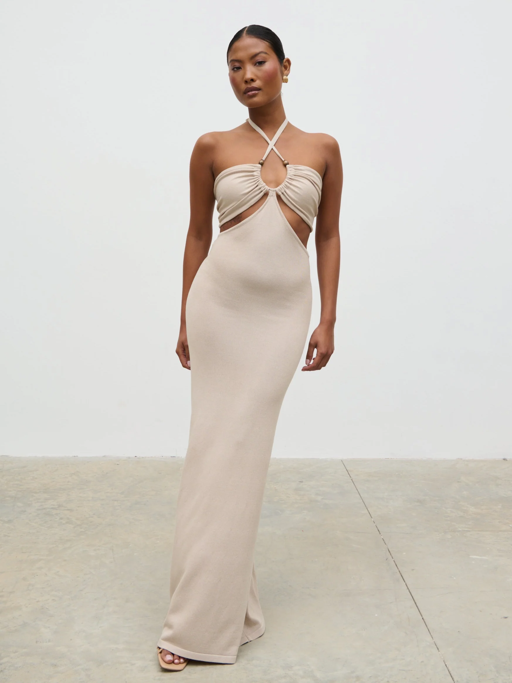 Candice Halterneck Beaded Knit Maxi Dress - Stone - Image 4