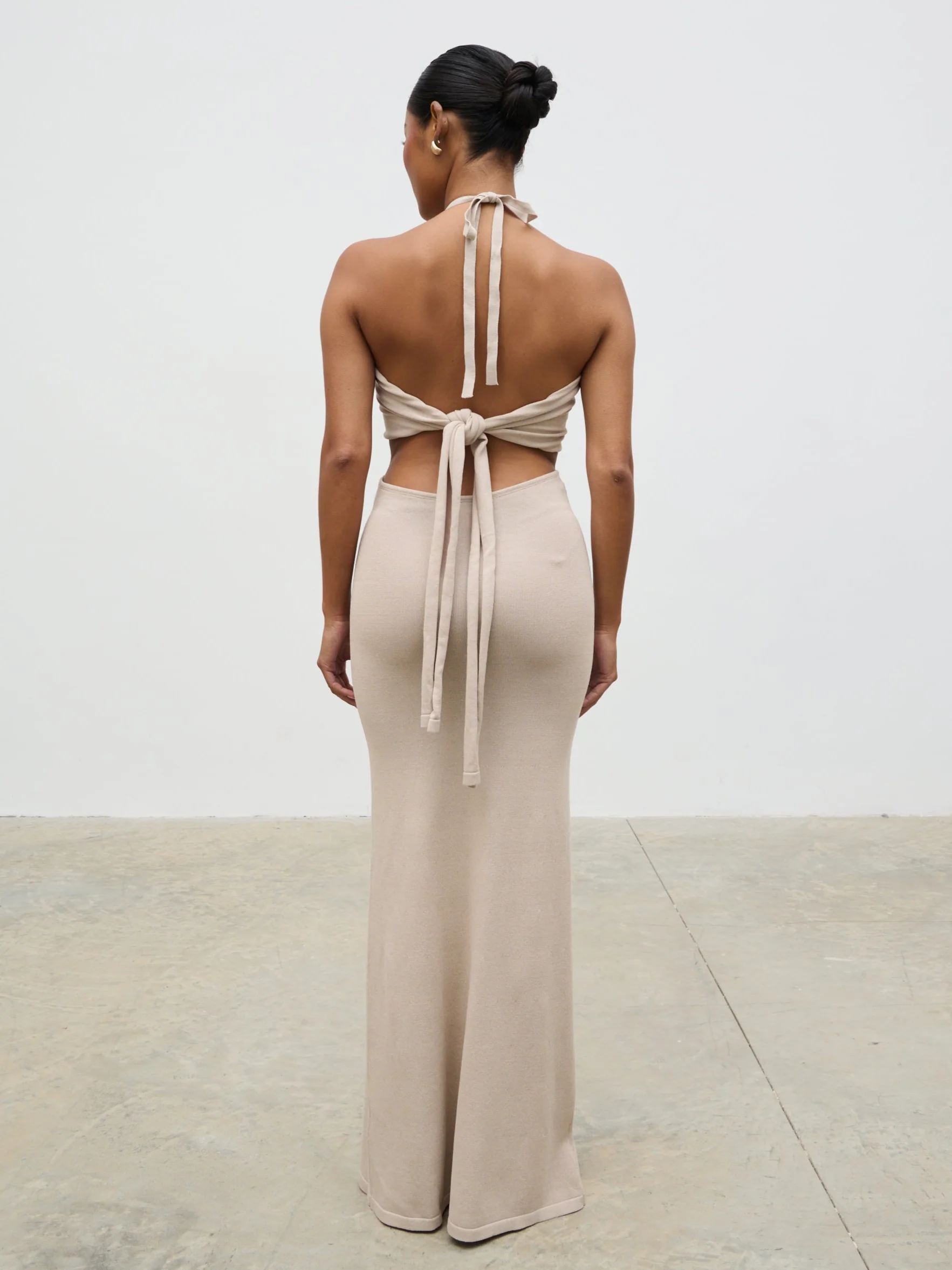 Candice Halterneck Beaded Knit Maxi Dress - Stone - Image 6