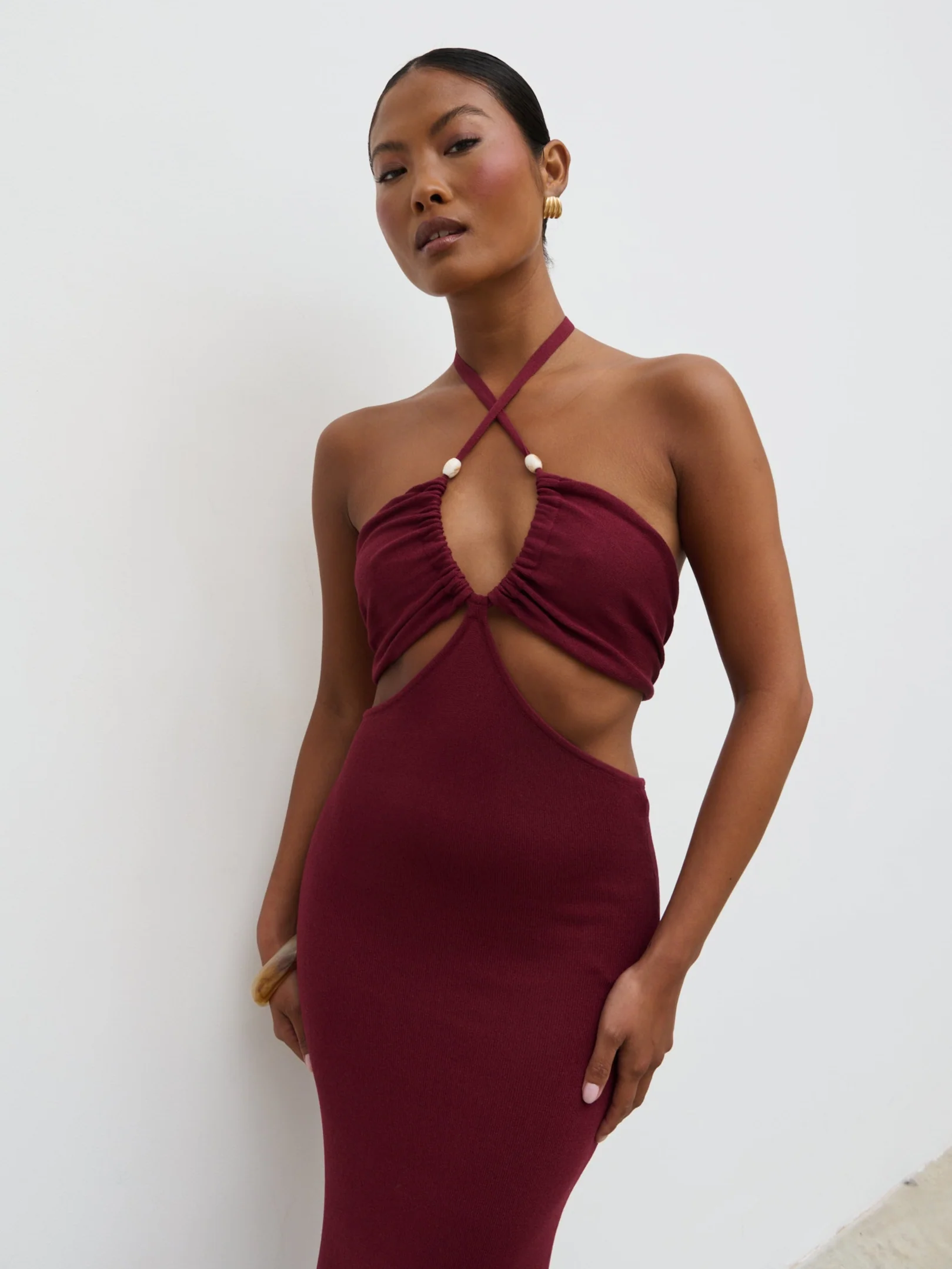 Candice Halterneck Beaded Knit Maxi Dress - Wine - Image 2
