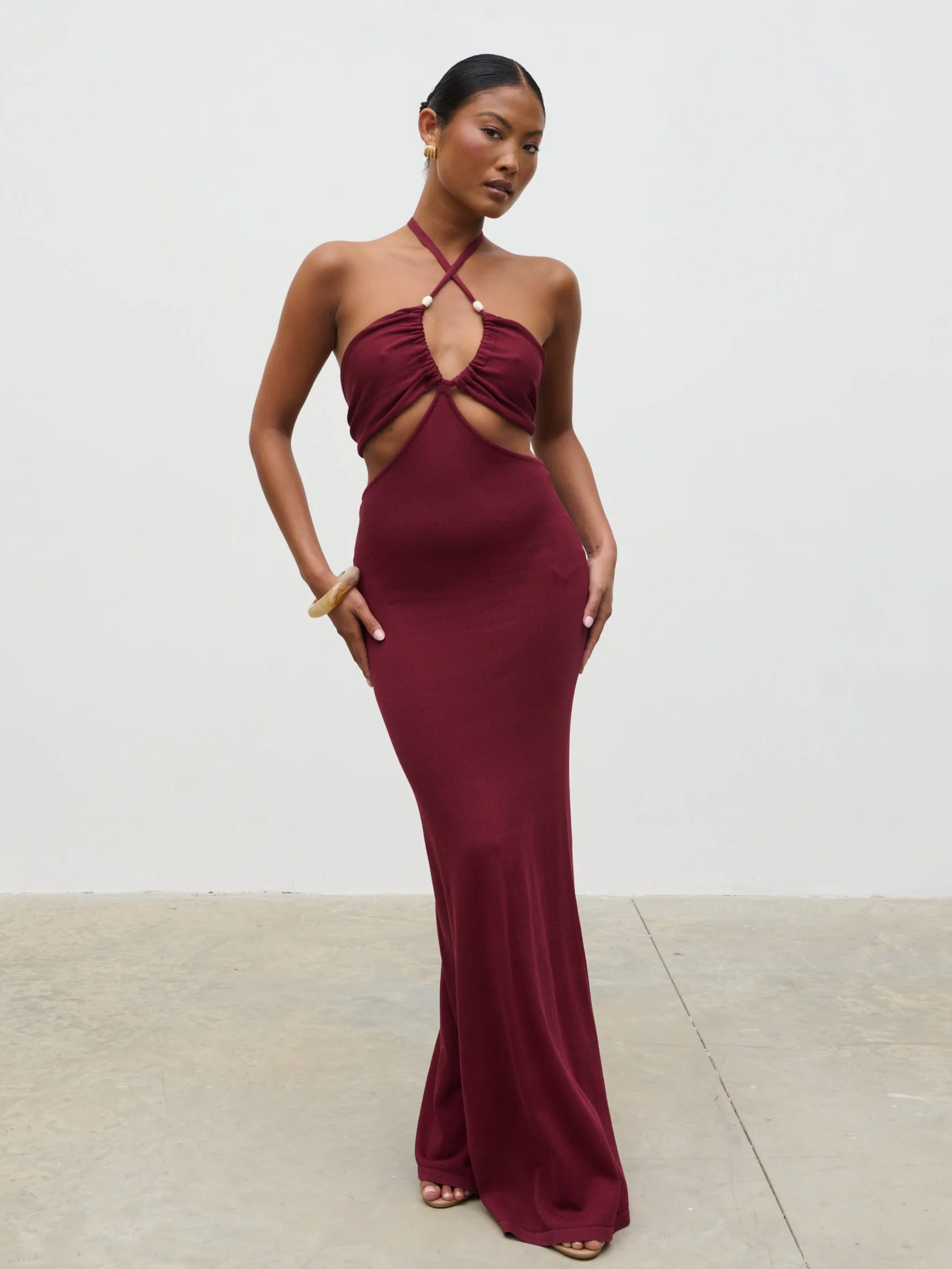 Candice Halterneck Beaded Knit Maxi Dress - Wine - Image 4